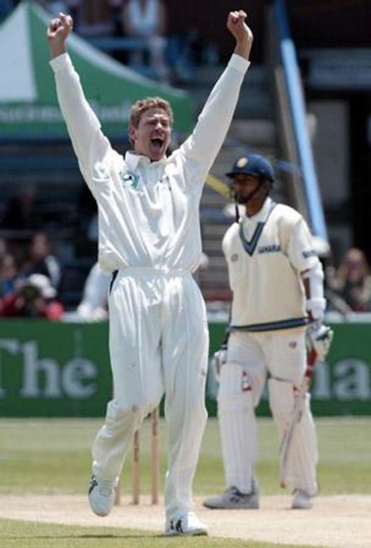 New Zealand bowler Jacob Oram successfully appeals for lbw to dismiss Indian batsman Sanjay Bangar in his second innings for 12. 1st Test: New Zealand v India at Basin Reserve, Wellington, 12-16 December 2002 (14 December 2002).