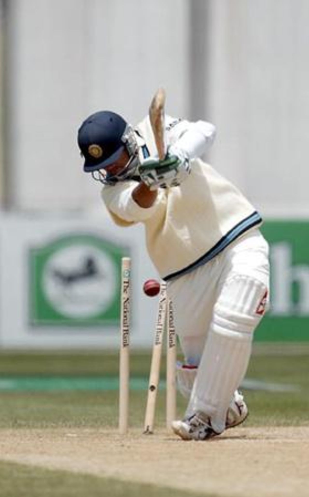 Indian batsman Rahul Dravid is bowled by New Zealand bowler Shane Bond for seven in his second innings. 1st Test: New Zealand v India at Basin Reserve, Wellington, 12-16 December 2002 (14 December 2002).