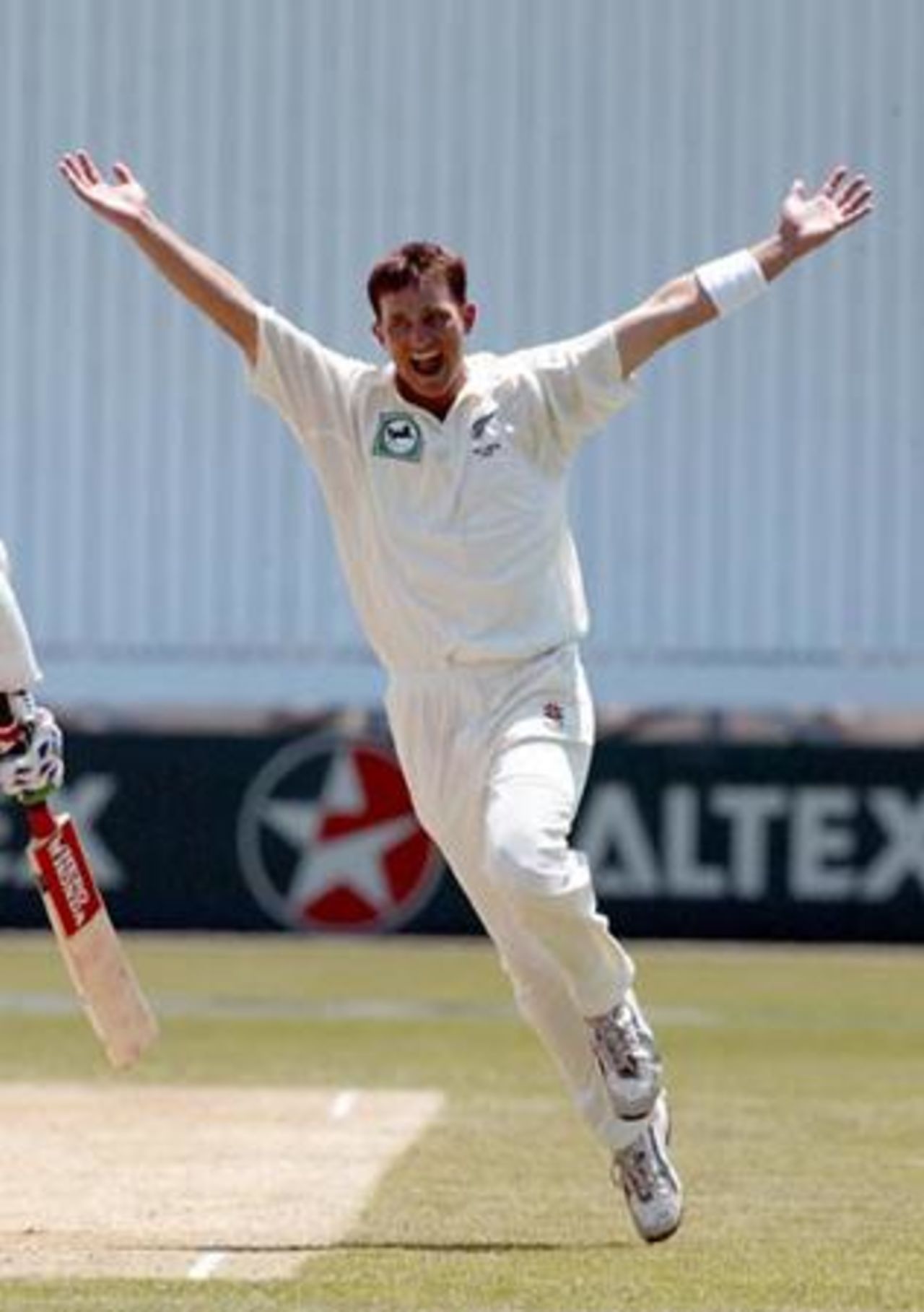 New Zealand bowler Shane Bond celebrates the dismissal of Indian batsman Rahul Dravid, bowled in his second innings for seven. 1st Test: New Zealand v India at Basin Reserve, Wellington, 12-16 December 2002 (14 December 2002).