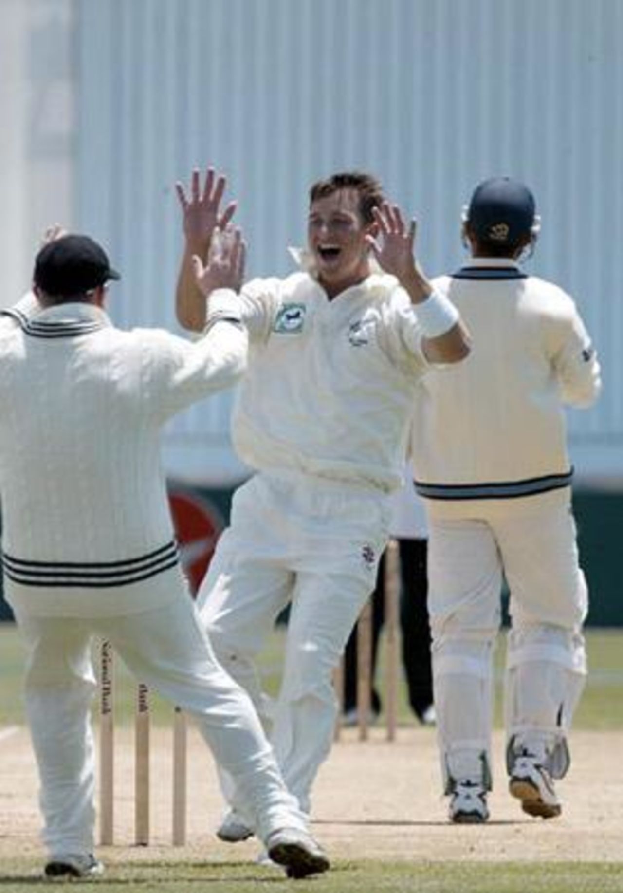 New Zealand bowler Shane Bond (centre) and team-mate Scott Styris celebrate the dismissal of Indian batsman Rahul Dravid, bowled in his second innings for seven. 1st Test: New Zealand v India at Basin Reserve, Wellington, 12-16 December 2002 (14 December 2002).