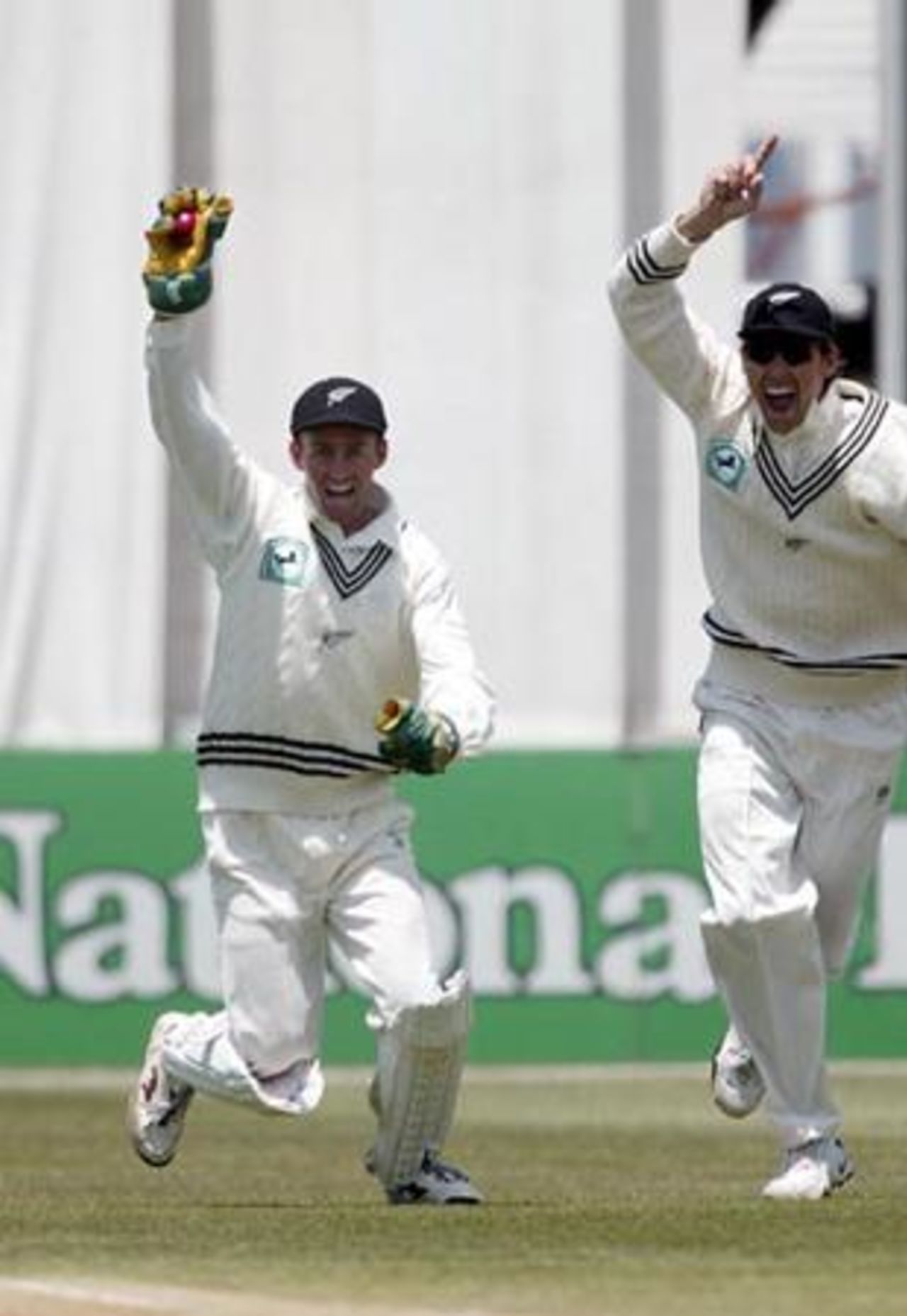 New Zealand wicket-keeper Robbie Hart (left) and team-mate Stephen Fleming celebrate the dismissal of Indian batsman Sourav Ganguly, caught by Hart off the bowling of Shane Bond for two. 1st Test: New Zealand v India at Basin Reserve, Wellington, 12-16 December 2002 (14 December 2002).