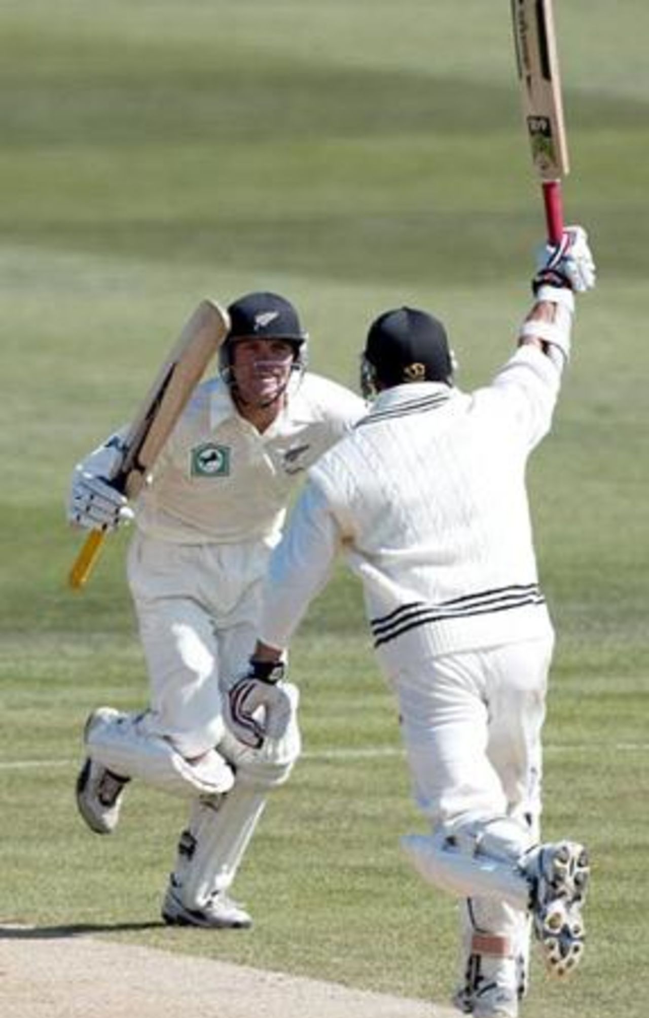 New Zealand batsmen Lou Vincent (left) and Mark Richardson celebrate as the winning runs are hit by Richardson. New Zealand beat India by 10 wickets. 1st Test: New Zealand v India at Basin Reserve, Wellington, 12-16 December 2002 (14 December 2002).
