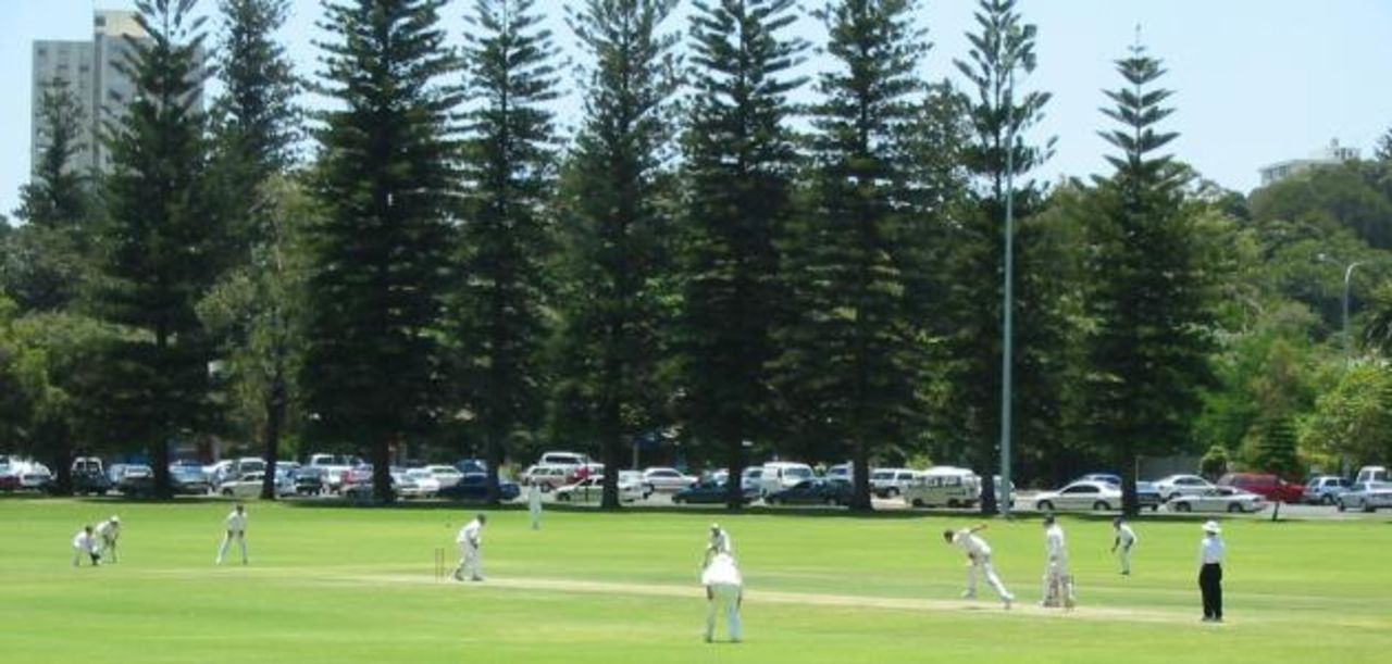 Academy bowler Tremlett pitches one outside off to Test batsman Butcher at Richardson Park in Perth Western Australia. The Test players won the match by six wickets.