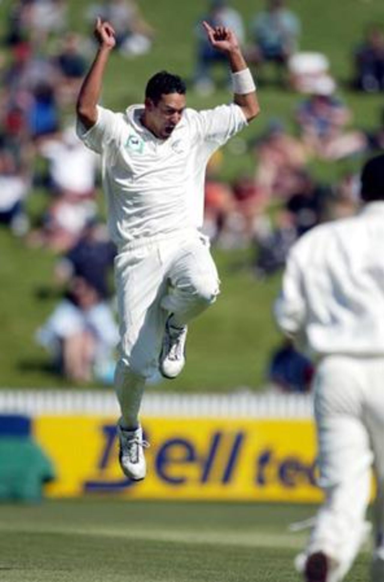 New Zealand bowler Daryl Tuffey celebrates the dismissal of Indian batsman Sanjay Bangar, caught at gully by Jacob Oram off the bowling of Tuffey for one in his first innings. 2nd Test: New Zealand v India at Westpac Park, Hamilton, 19-23 December 2002 (20 December 2002).