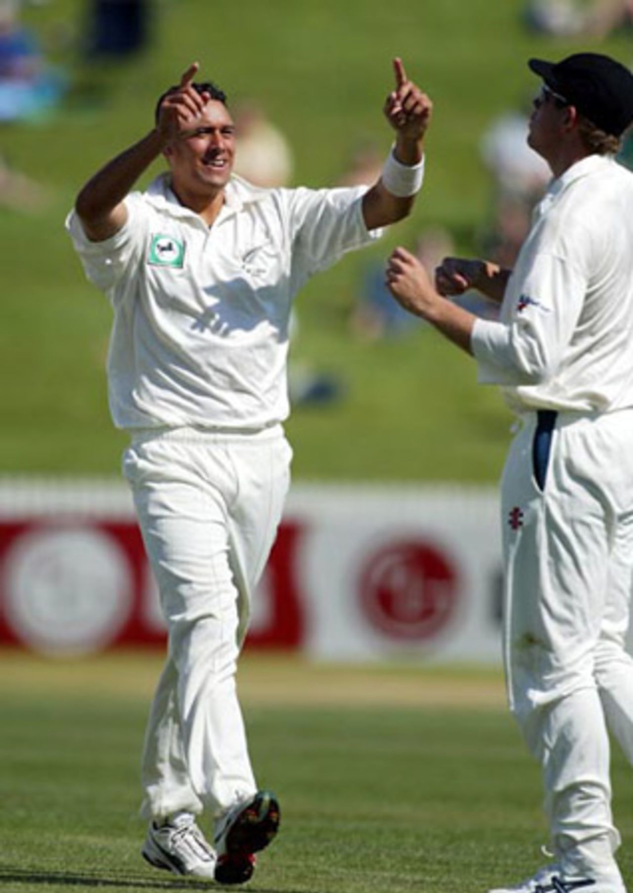 New Zealand bowler Daryl Tuffey and fielder Jacob Oram celebrate the dismissal of Indian batsman Sanjay Bangar, caught at gully by Oram off the bowling of Tuffey for one in his first innings. 2nd Test: New Zealand v India at Westpac Park, Hamilton, 19-23 December 2002 (20 December 2002).
