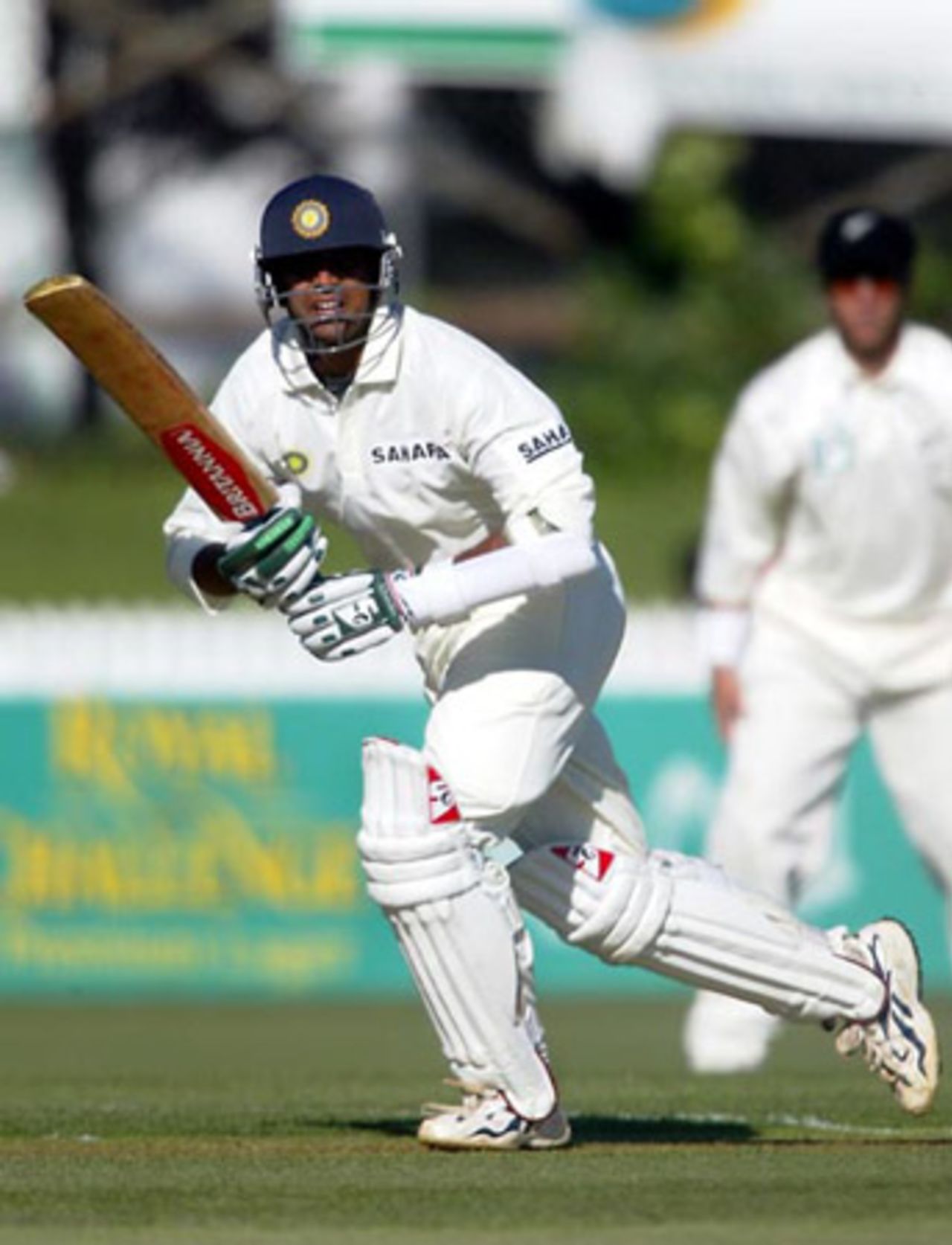 Indian batsman Rahul Dravid plays a delivery to the leg side during his first innings of nine. 2nd Test: New Zealand v India at Westpac Park, Hamilton, 19-23 December 2002 (20 December 2002).
