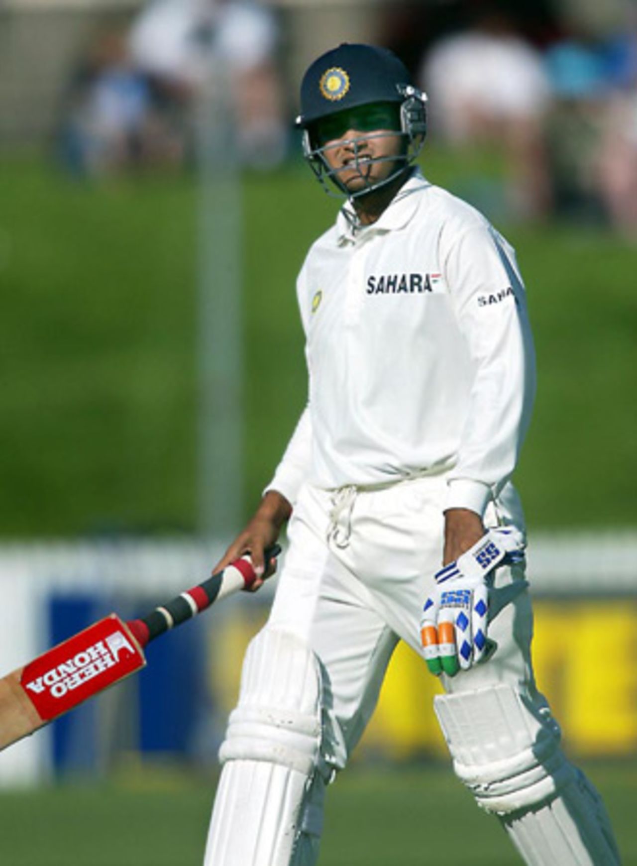 Indian batsman Sourav Ganguly leaves the field after being dismissed, caught by New Zealand fielder Stephen Fleming at first slip off the bowling of Daryl Tuffey for five. 2nd Test: New Zealand v India at Westpac Park, Hamilton, 19-23 December 2002 (20 December 2002).