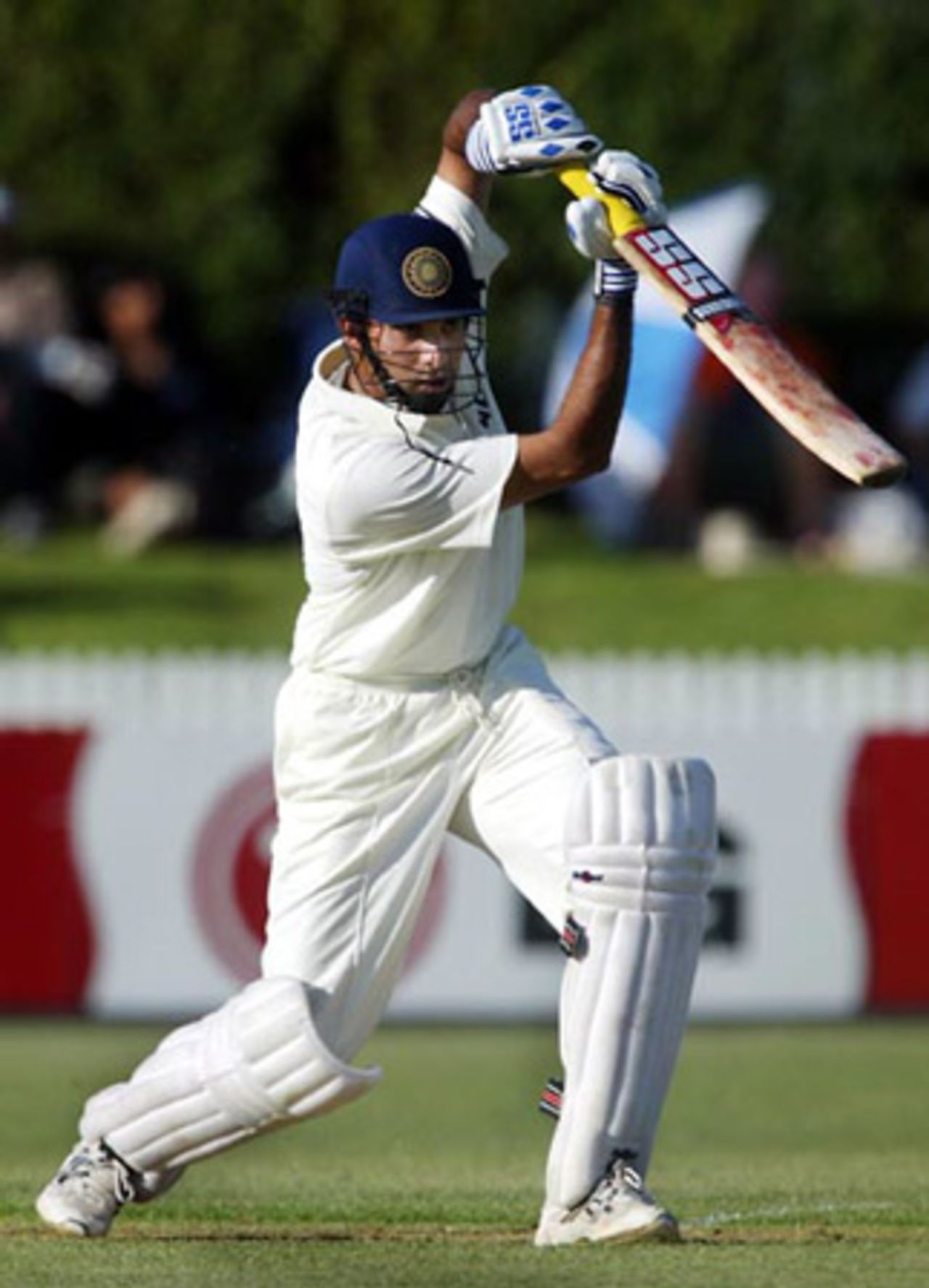 Indian batsman VVS Laxman drives a delivery through the covers during his first innings of 23. 2nd Test: New Zealand v India at Westpac Park, Hamilton, 19-23 December 2002 (20 December 2002).