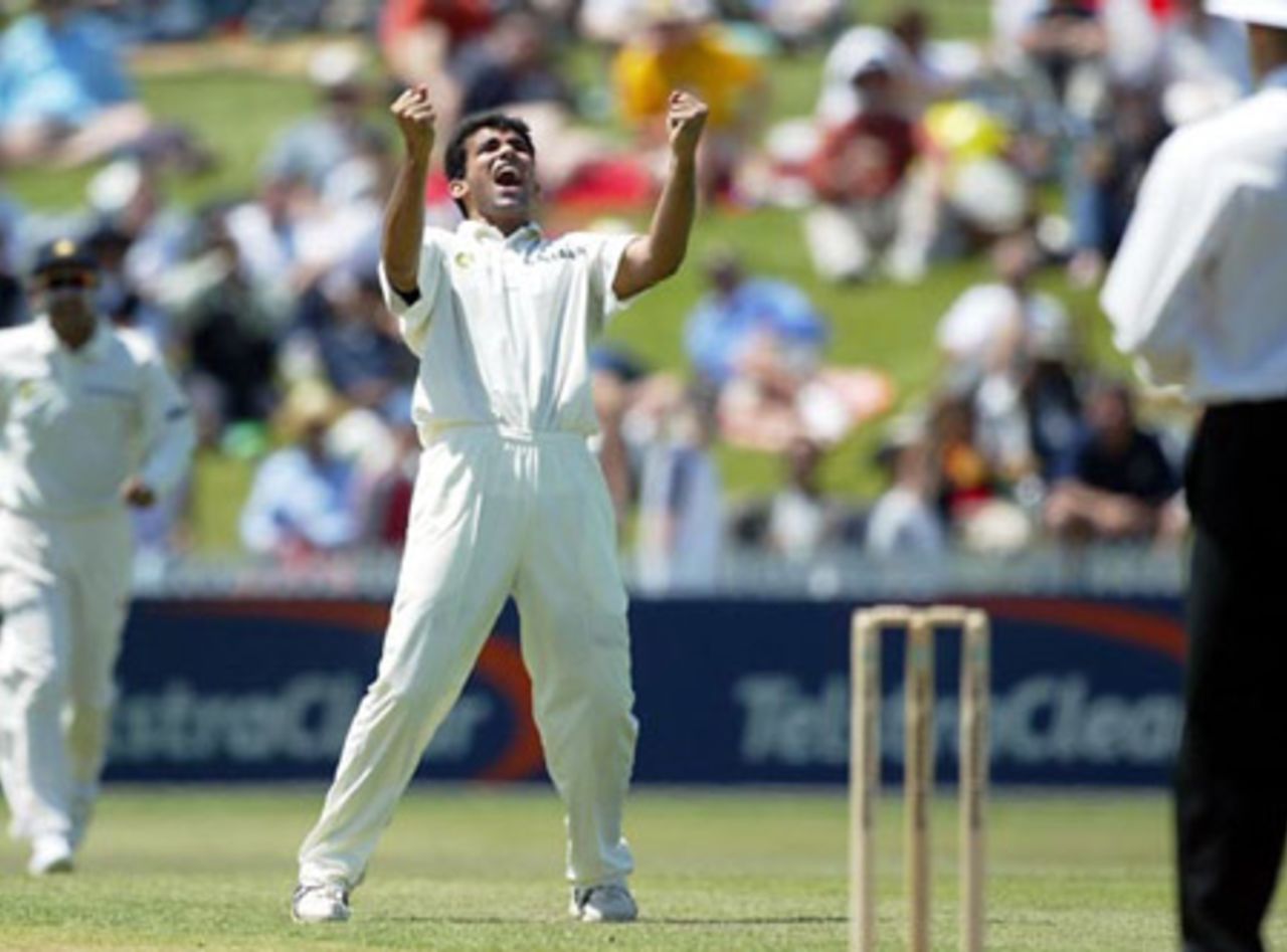 Indian bowler Zaheer Khan celebrates the dismissal of New Zealand batsman Mark Richardson, lbw to Khan for 13 in his first innings. 2nd Test: New Zealand v India at Westpac Park, Hamilton, 19-23 December 2002 (21 December 2002).
