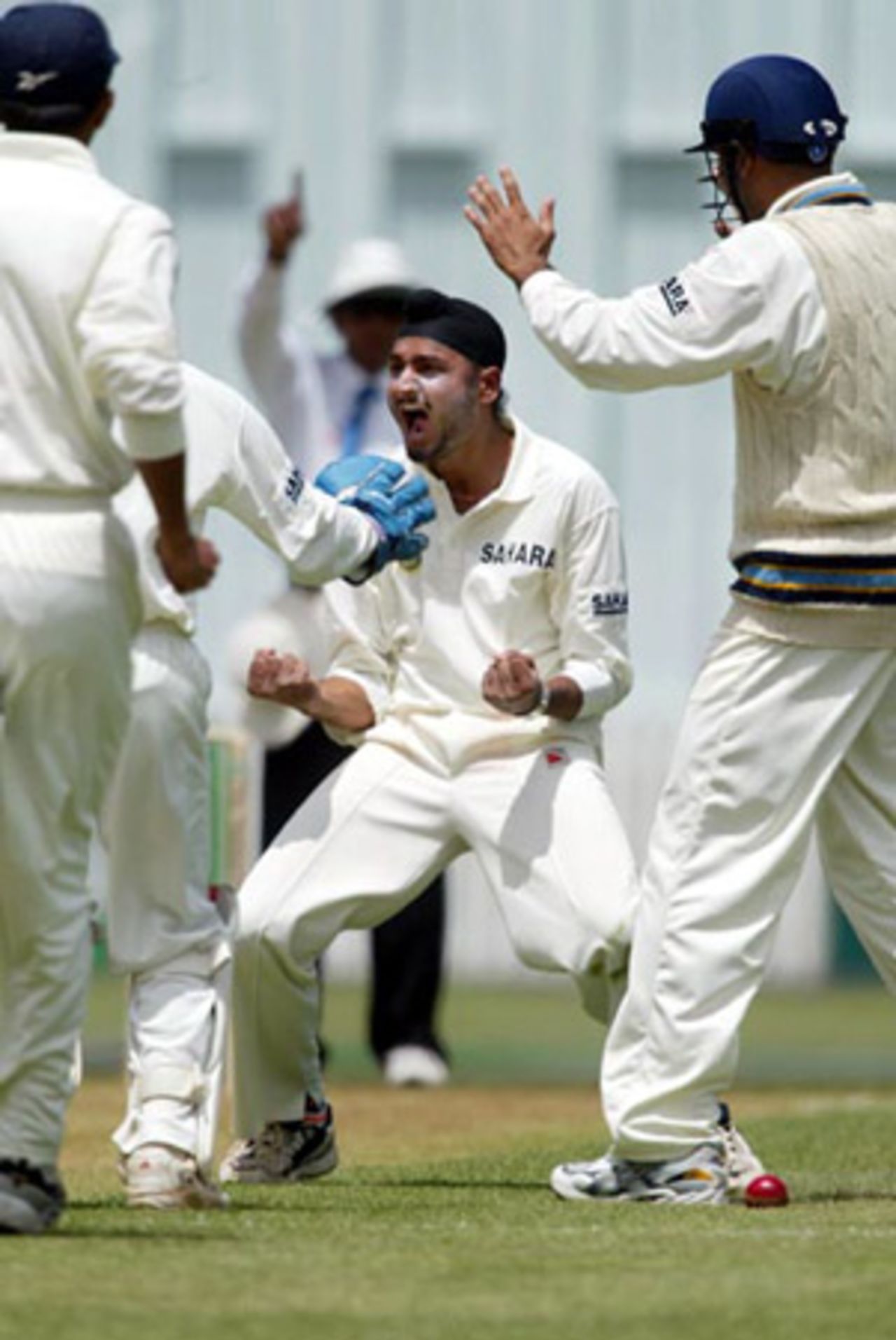 Indian bowler Harbhajan Singh celebrates the dismissal of New Zealand batsman Scott Styris, lbw to Harbhajan for 13 in his first innings. 2nd Test: New Zealand v India at Westpac Park, Hamilton, 19-23 December 2002 (21 December 2002).