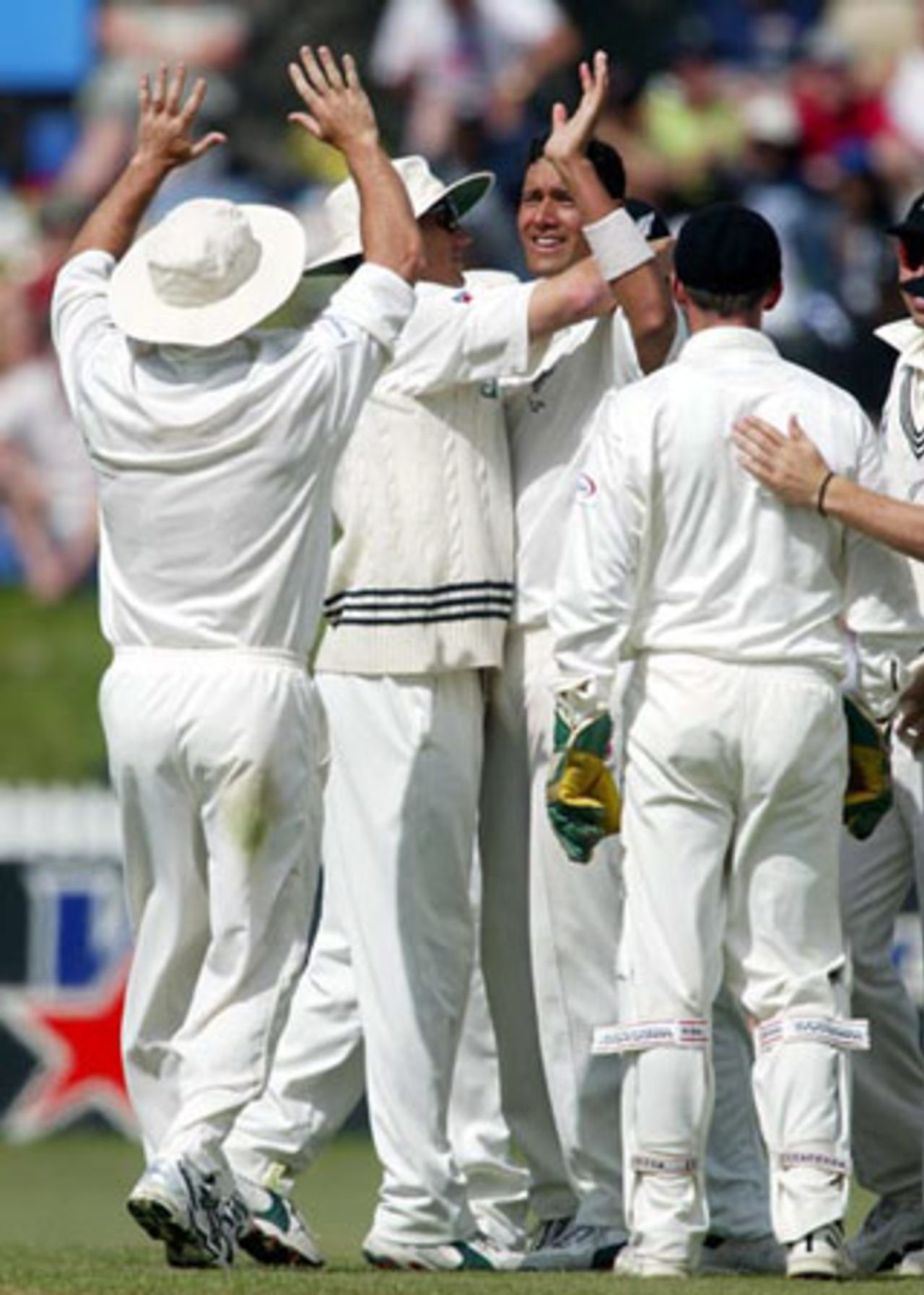 Members of the New Zealand team celebrate the dismissal of Indian batsman Sachin Tendulkar, bowled by Daryl Tuffey for 32 in his second innings. From left: Mark Richardson (facing away), sub fielder Michael Mason, Tuffey and Robbie Hart. 2nd Test: New Zealand v India at Westpac Park, Hamilton, 19-23 December 2002 (21 December 2002).