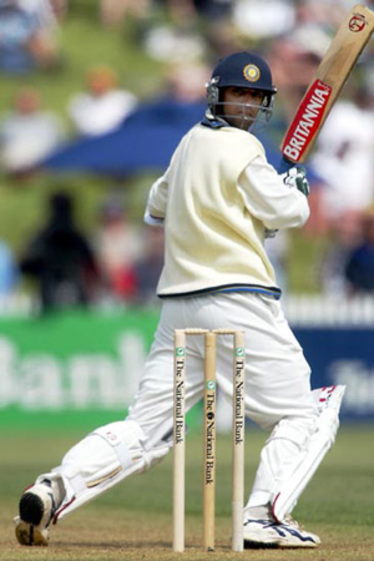Indian batsman Rahul Dravid chops a delivery just past his stumps down towards fine leg during his second innings of 39. 2nd Test: New Zealand v India at Westpac Park, Hamilton, 19-23 December 2002 (21 December 2002).