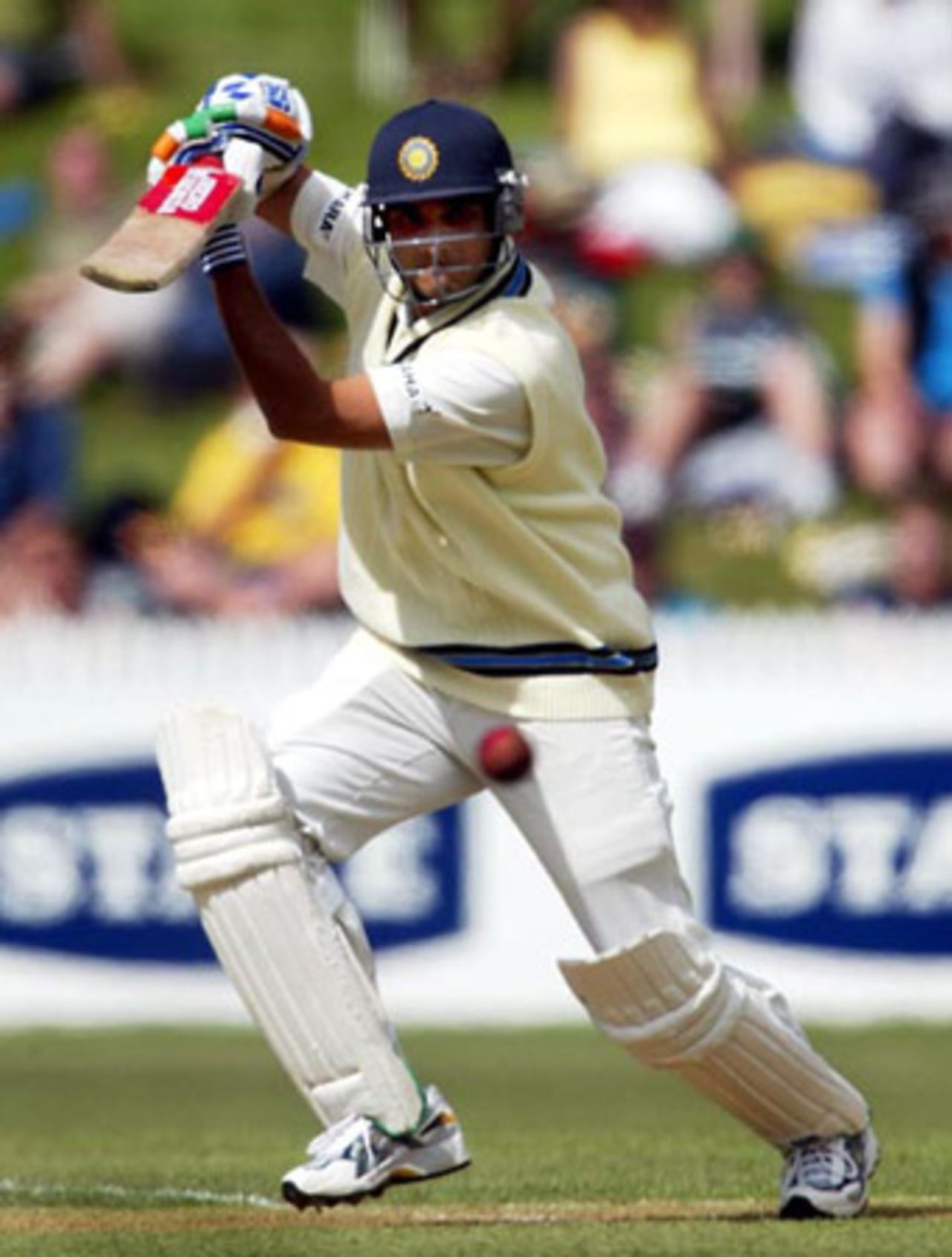 Indian batsman Sourav Ganguly drives a delivery through the covers during his second innings of five. 2nd Test: New Zealand v India at Westpac Park, Hamilton, 19-23 December 2002 (21 December 2002).
