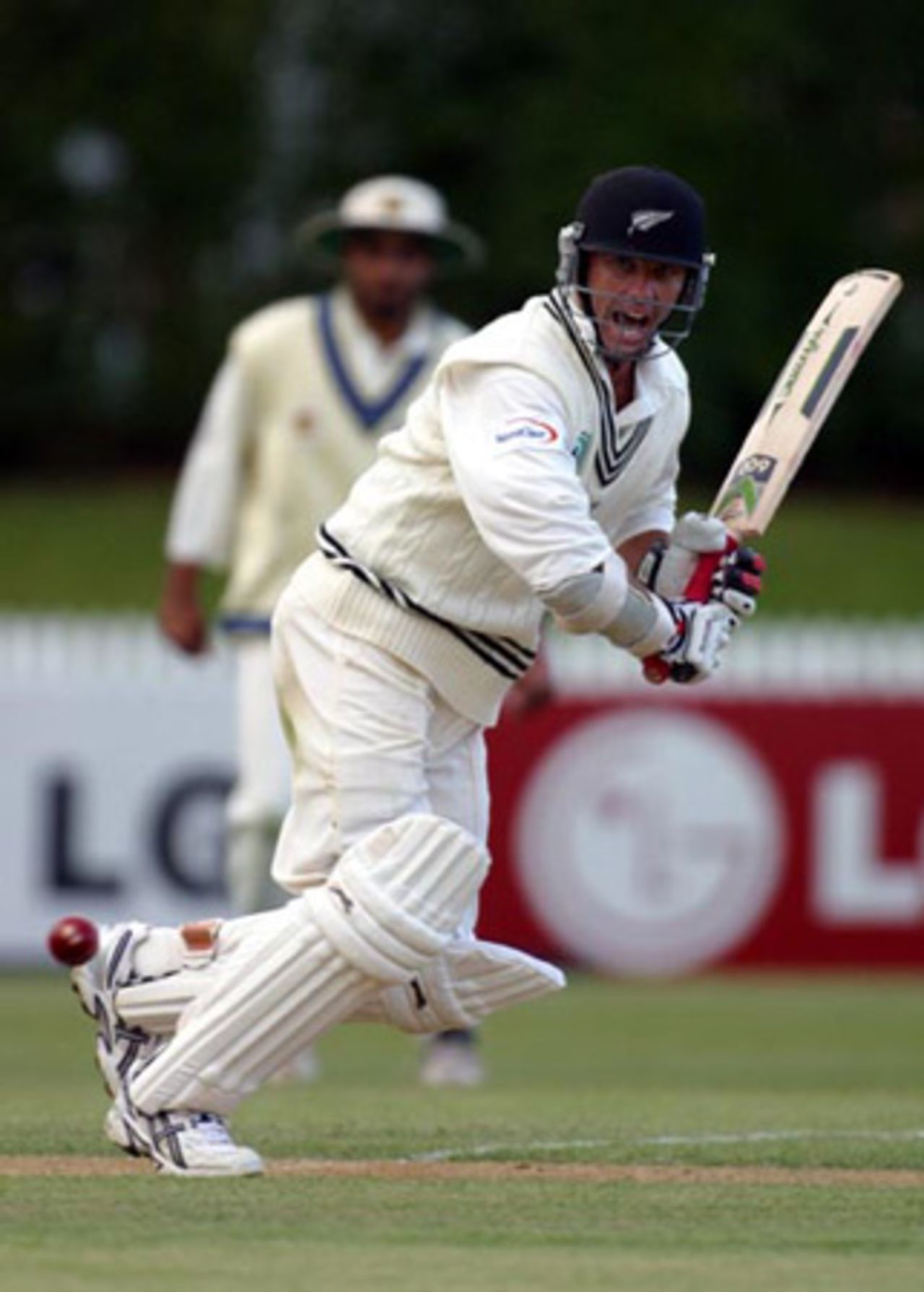 New Zealand batsman Mark Richardson turns a delivery through square leg during his second innings. Richardson ended the third day on 18 not out. 2nd Test: New Zealand v India at Westpac Park, Hamilton, 19-23 December 2002 (21 December 2002).