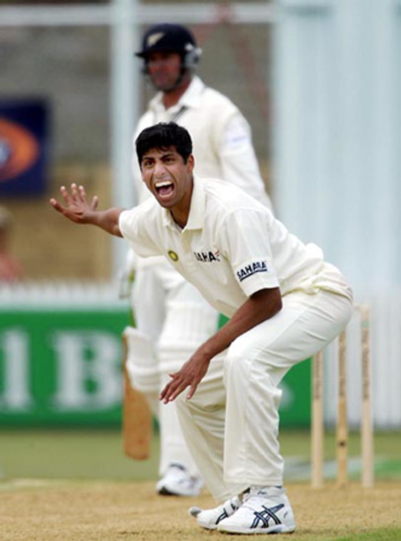 Indian bowler Ashish Nehra unsucessfully appeals for lbw against New Zealand batsman Nathan Astle during his second innings spell of 3-34 from 16.2 overs. 2nd Test: New Zealand v India at Westpac Park, Hamilton, 19-23 December 2002 (22 December 2002).
