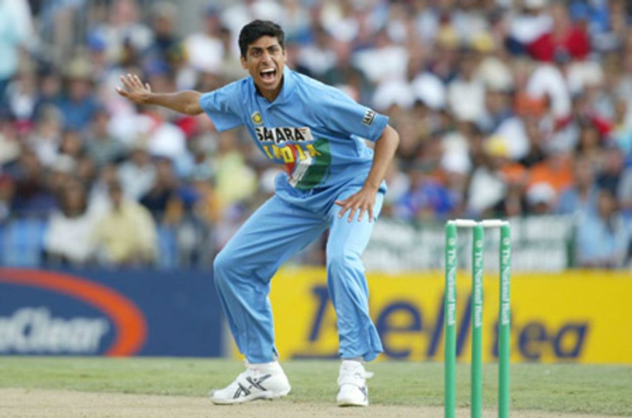 Indian bowler Ashish Nehra successfully appeals for lbw against New Zealand batsman Stephen Fleming, dismissed for 12. 1st ODI: New Zealand v India at Eden Park, Auckland, 26 December 2002.
