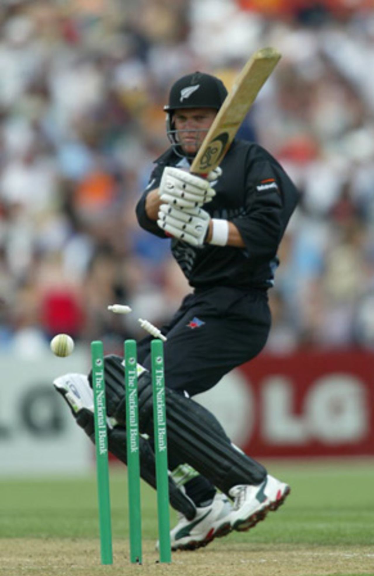 New Zealand batsman Lou Vincent plays a delivery on to his stumps to be bowled by Indian bowler Javagal Srinath for 34. 2nd ODI: New Zealand v India at McLean Park, Napier, 29 December 2002.