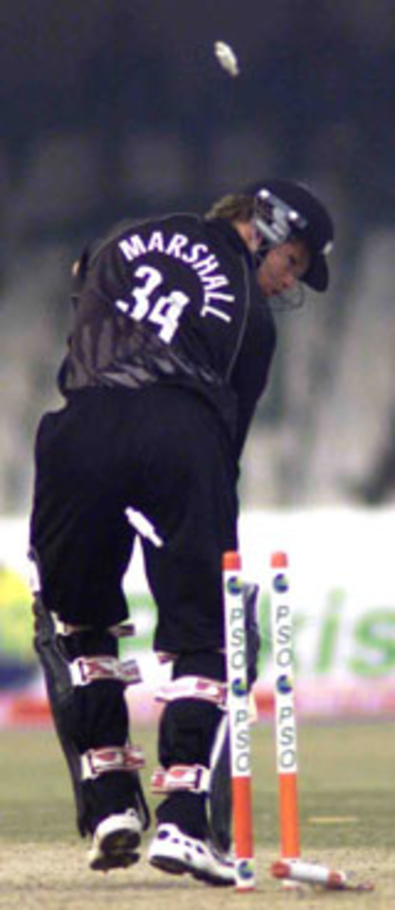 Hamish Marshall looks back as Abdul Razzal makes his legstump and bails fly, Pakistan v New Zealand, 2nd ODI, Lahore, December 1, 2003.