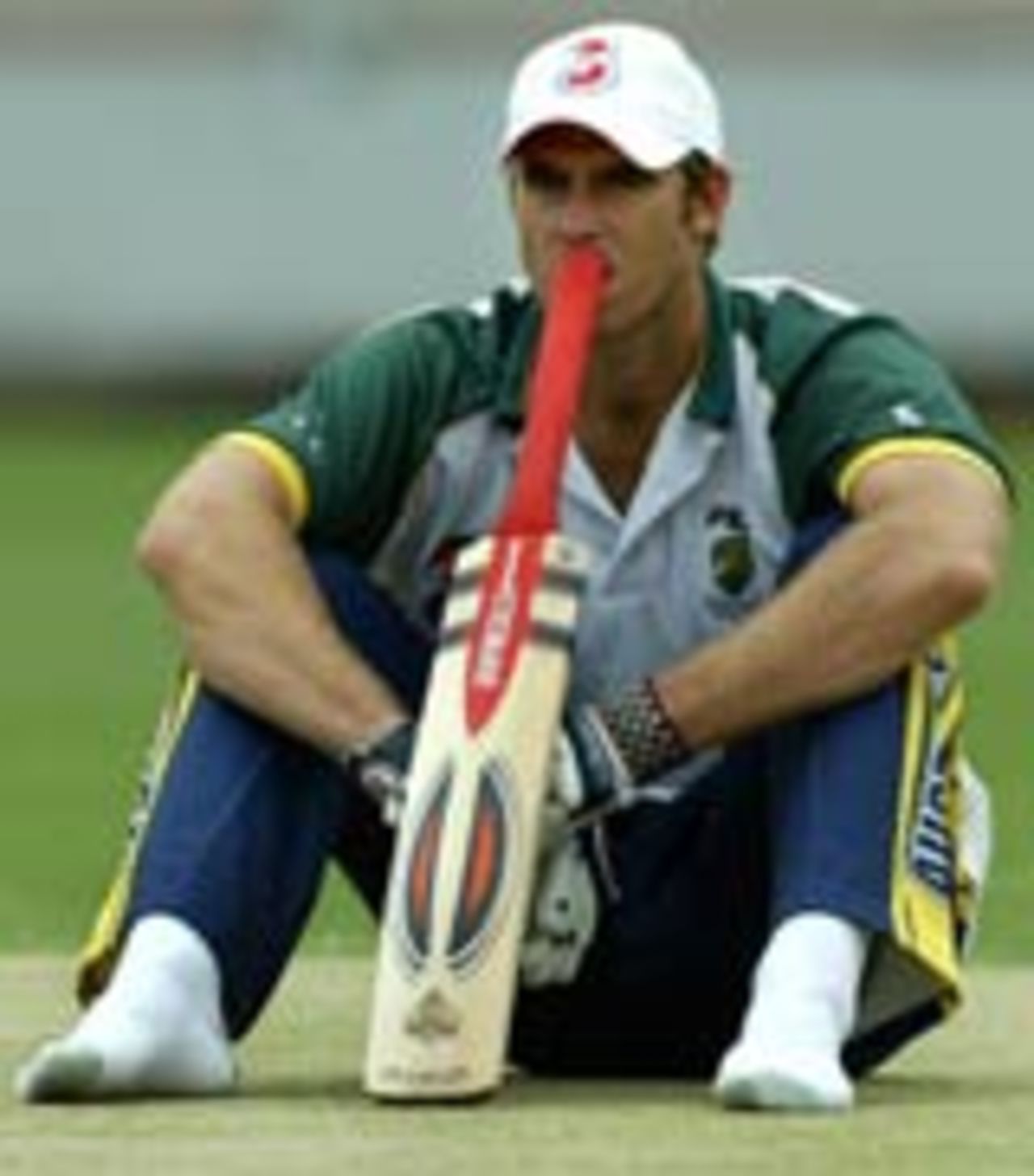 Hayden sits on the wicket at the 'Gabba, India v Australia, 2003