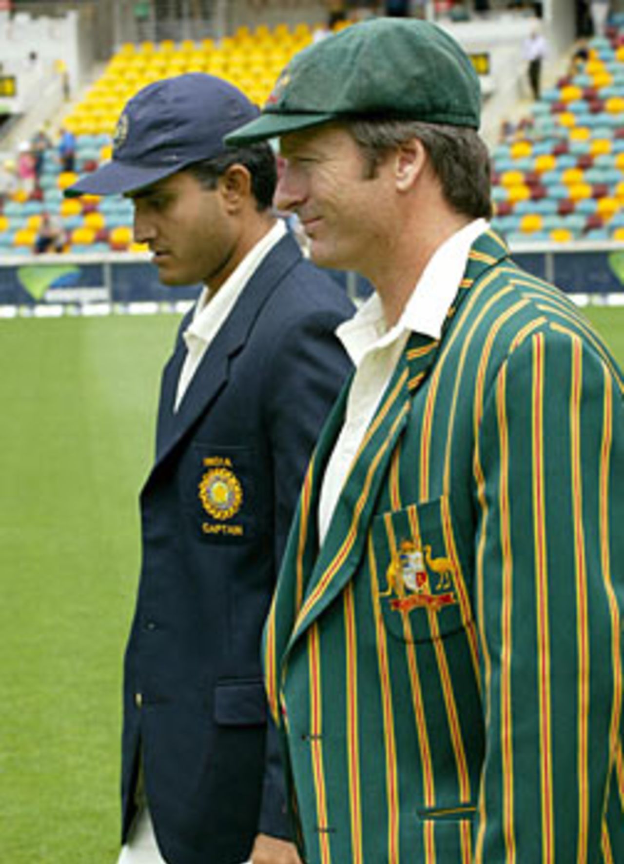 Steve Waugh and Sourav Ganguly make their way out for the toss , Australia v India, Brisbane, 1st Test, December 4 2003