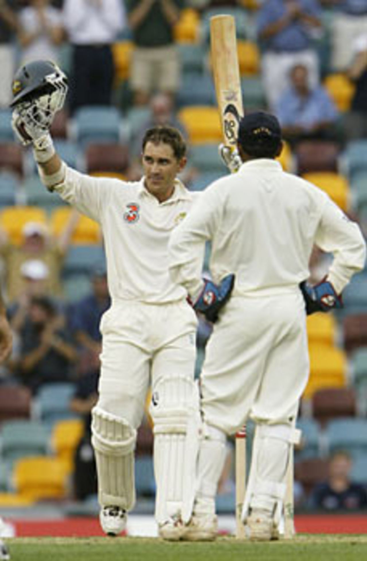 Justin Langer reaches his hundred - ' gritty, solid, no-frills and vitally important innings', Australia v India, Brisbane, 1st Test, December 4 2003