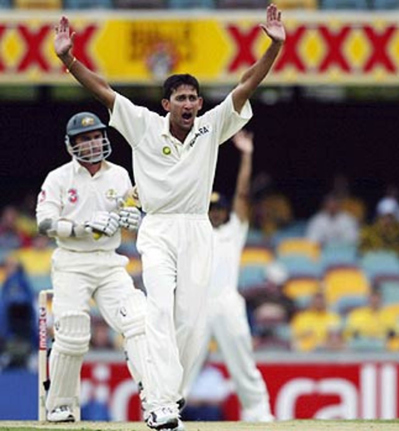Ajit Agarkar appeals successfully for lbw against Justin Langer, Australia v India, 1st Test, Brisbane, 2nd day, December 5, 2003