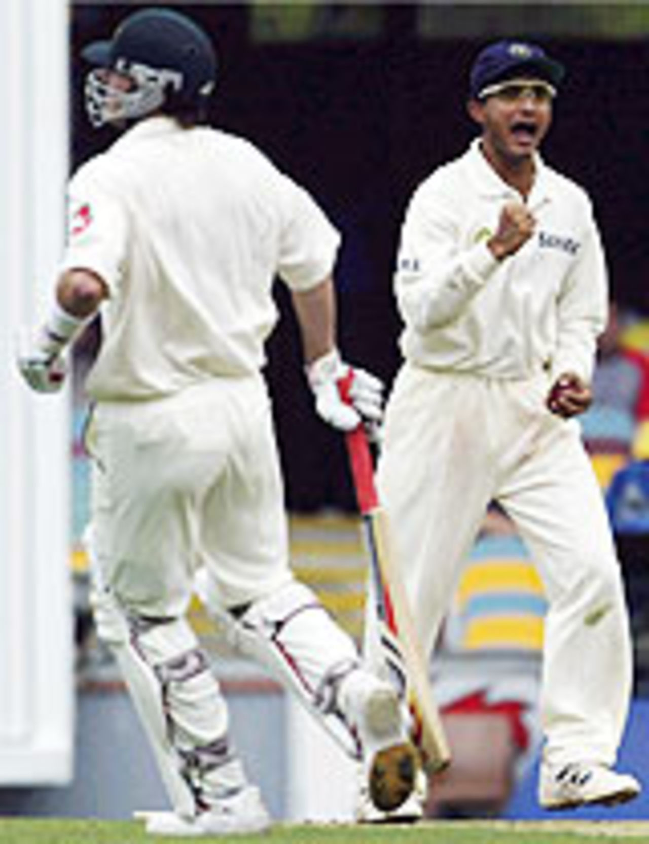 Sourav Ganguly exults as Damien Martyn is run out, Australia v India, 1st Test, Brisbane, 2nd day, December 5, 2003