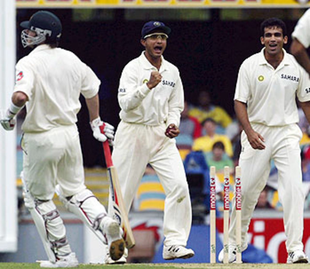 Sourav Ganguly exults as Damien Martyn is run out, Australia v India, 1st Test, Brisbane, 2nd day, December 5, 2003