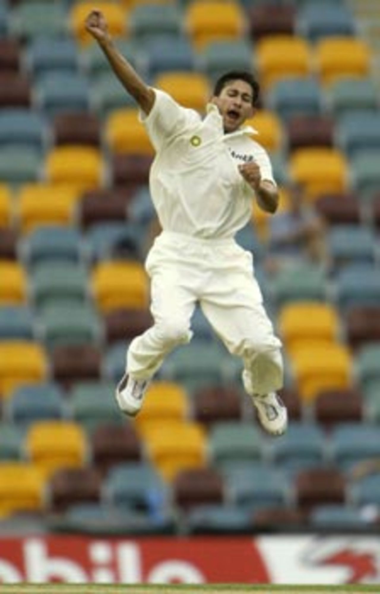 Ajit Agarkar lifts his body after lifting his game - here, he celebrates the dismissal of Andy Bichel, Australia v India, 1st Test, Brisbane, 2nd day, December 5, 2003