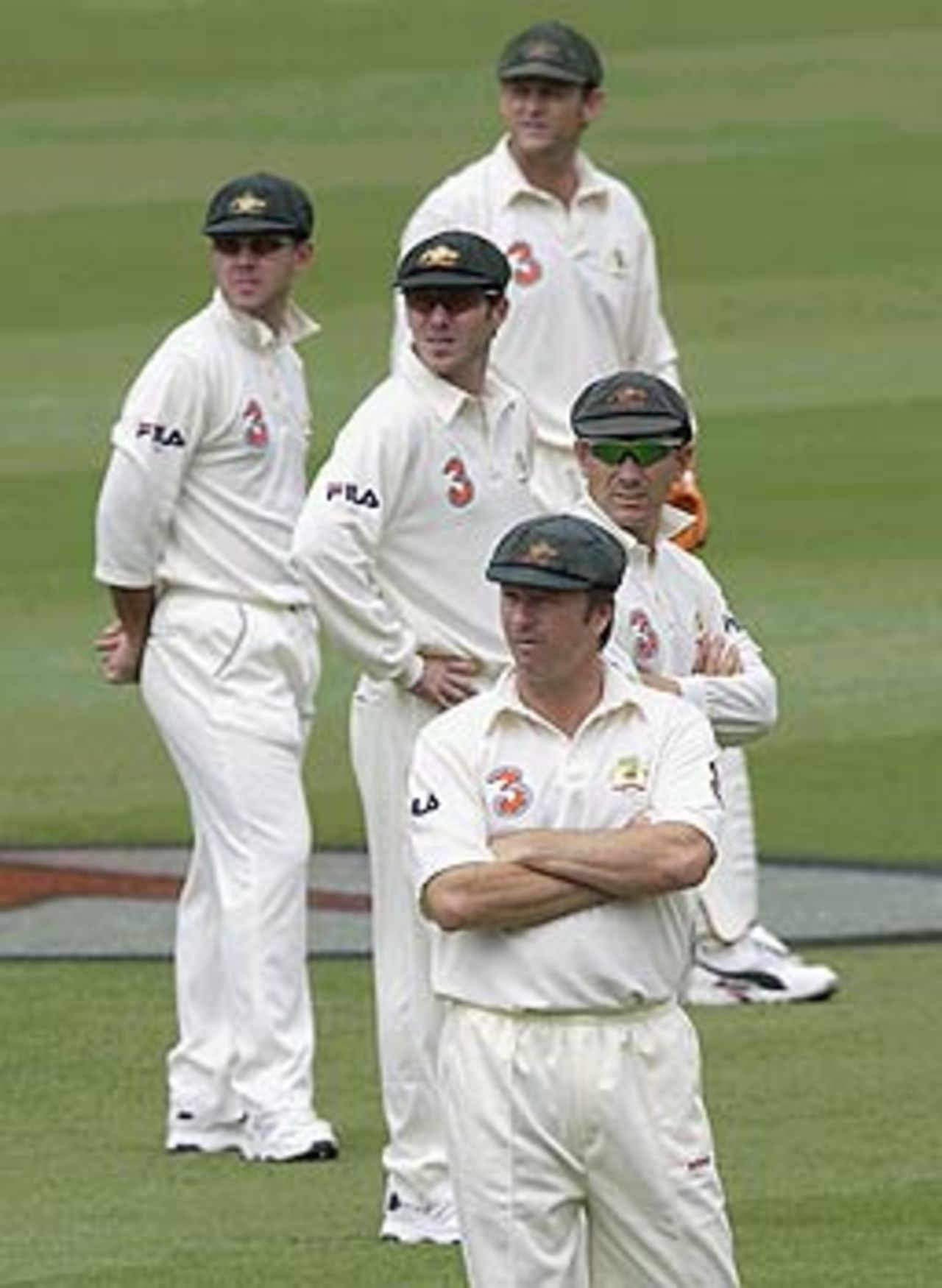The general with his troops - Steve Waugh and his men look into the distance, Australia v India, 1st Test, Brisbane, 4th day, December 7, 2003