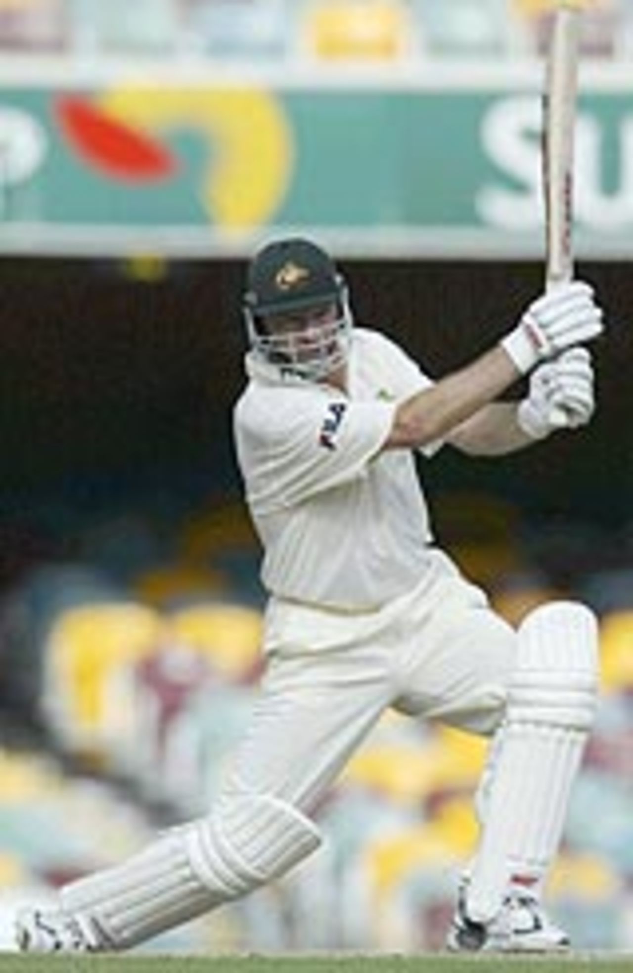 Steve Waugh launches into a square-drive, Australia v India, 1st Test, Brisbane, 5th day, December 8, 2003