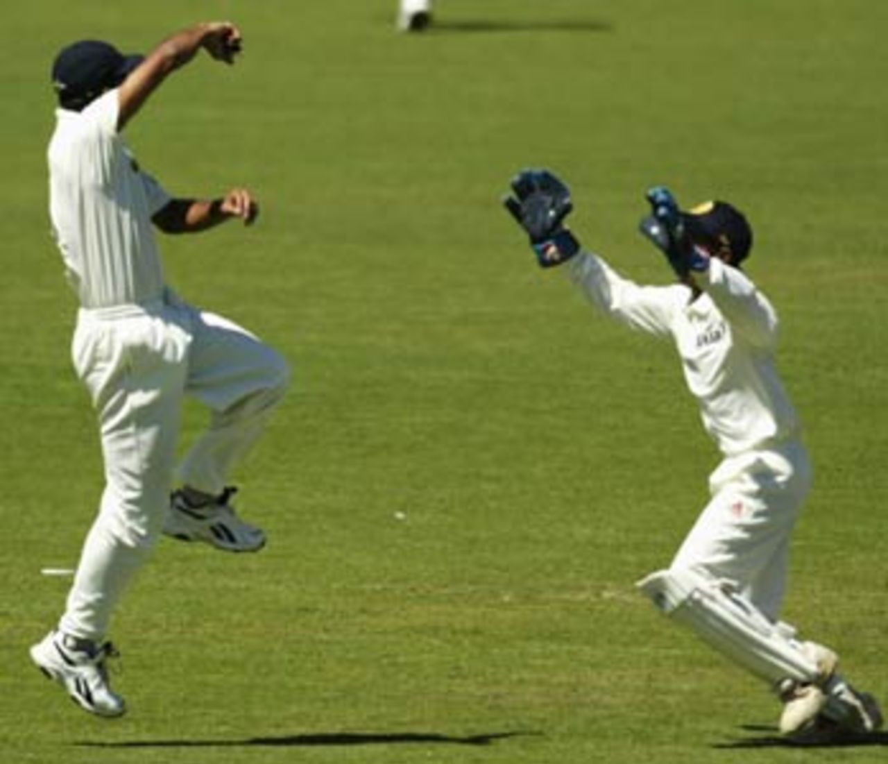 Dravid takes a stunner and can't help breaking into a little jig, Australia v India, 2nd Test, Adelaide, 4th day, December 15, 2003