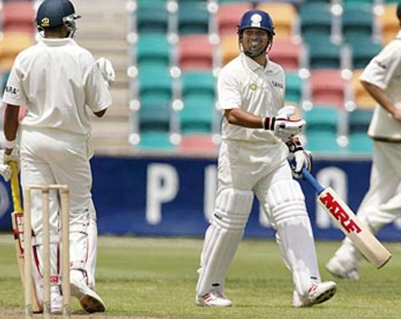 'I'm saving it for Melbourne'. Sachin Tendulkar doesn't seem too aggrieved at being caught at the boundary, Australia A v Indians, tour game, Hobart, 2nd day, December 20, 2003
