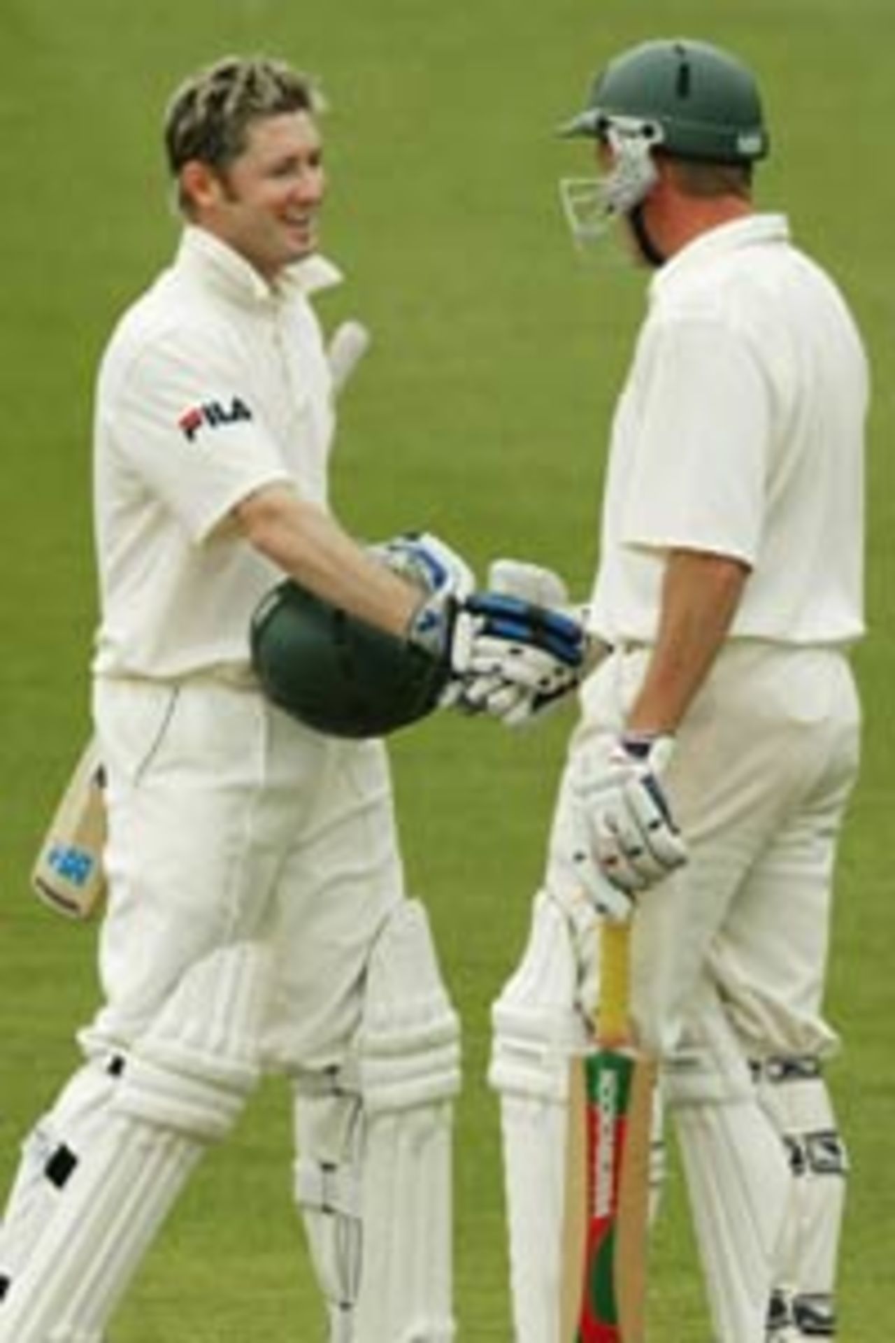 Michael Clarke and Damien Wright celebrate a fine century, Australia A v Indians, tour game, Hobart, 3rd day, December 21, 2003