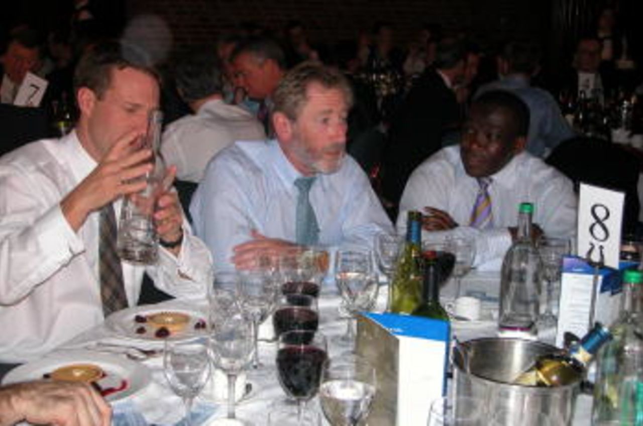 Right to left; Gladstone Small, Hampshire Chairman Rod Bransgrove, and MD Nick Pike making sure no one took any of his drink whilst he was out!
