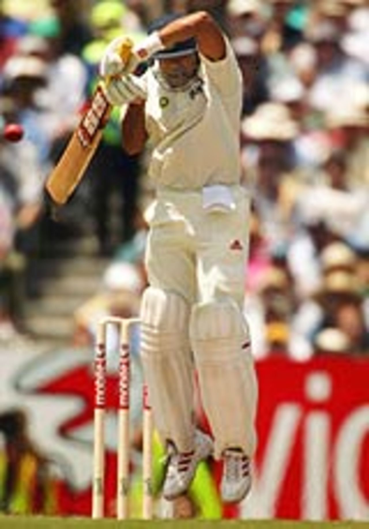 Akash Chopra is made to hop by a short ball, Australia v India, 3rd Test, Melbourne, 1st day, December 26, 2003