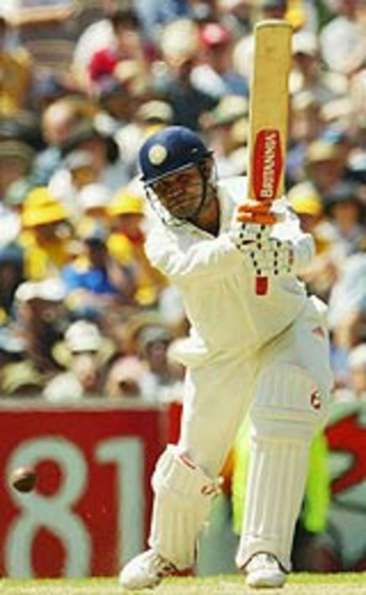 Virender Sehwag leans forward to drive, Australia v India, 3rd Test, Melbourne, 1st day, December 26, 2003
