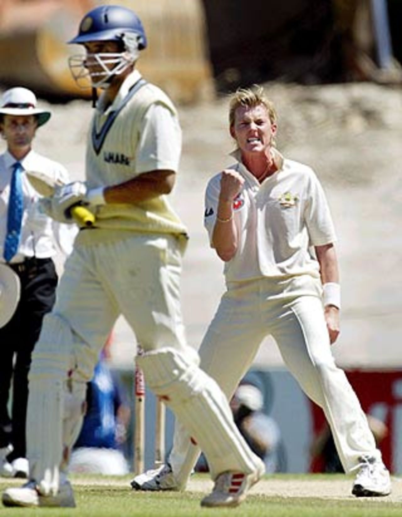 Brett Lee breaks through, picking up Sourav Ganguly's wicket on the second morning, Australia v India, 3rd Test, Melbourne, 2nd day, December 27, 2003