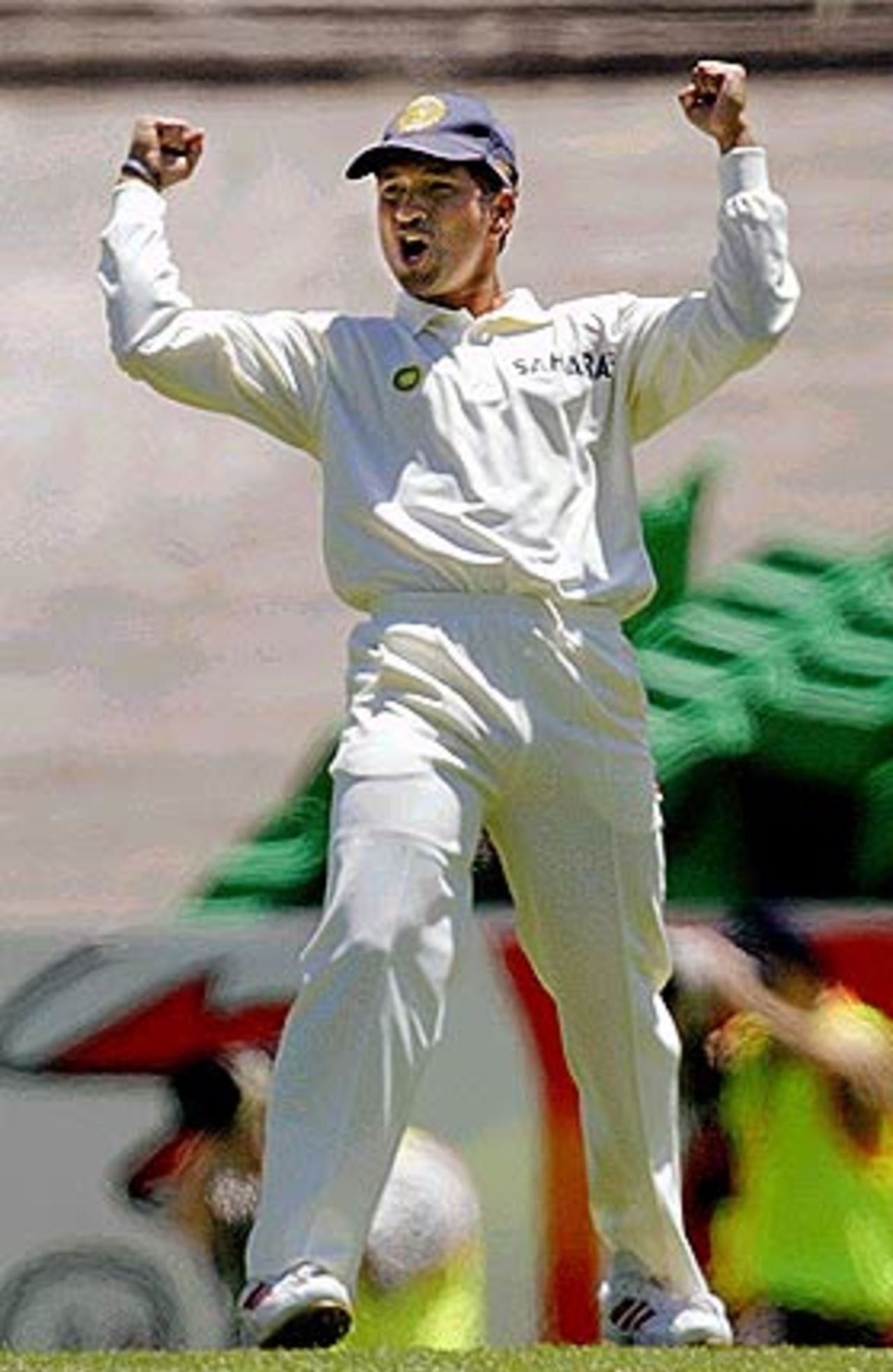 You can't keep a good man down. Justin Langer hits Ajit Agarkar uppishly to Sachin Tendulkar, who is glad to finally make his presence felt, Australia v India, 3rd Test, Melbourne, 2nd day, December 27, 2003