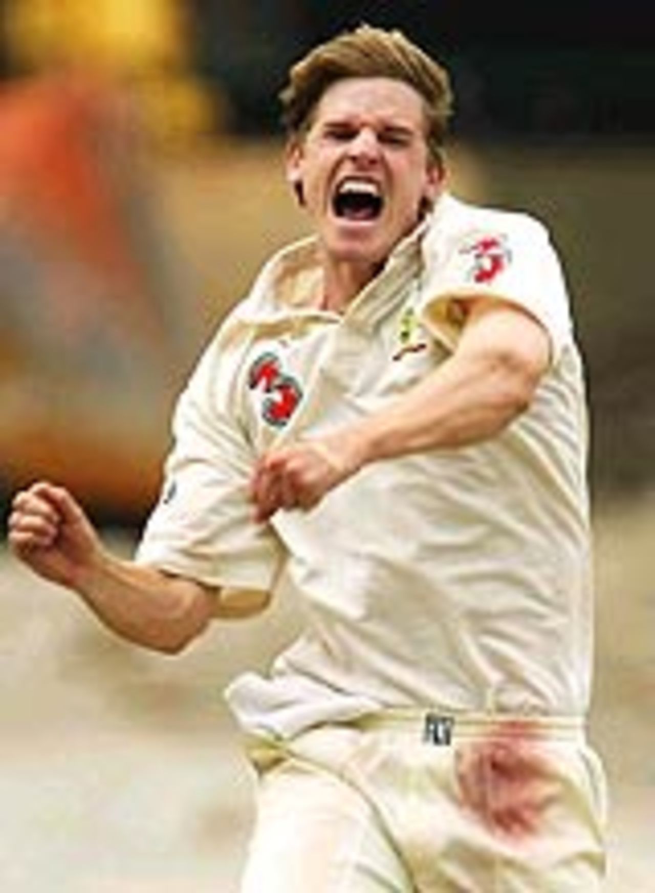 Nathan Bracken exults after dismissing Sourav Ganguly, Australia v India, 3rd Test, Melbourne, 4th day, December 29, 2003
