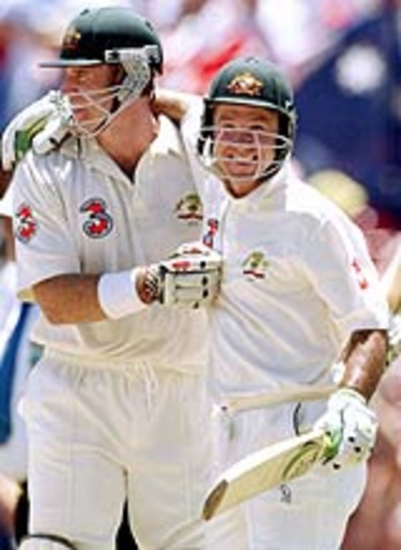 Matthew Hayden and Ricky Ponting celebrate after scoring the winning runs in the Boxing Day Test, Australia v India, 3rd Test, Melbourne, 5th day, December 30, 2003
