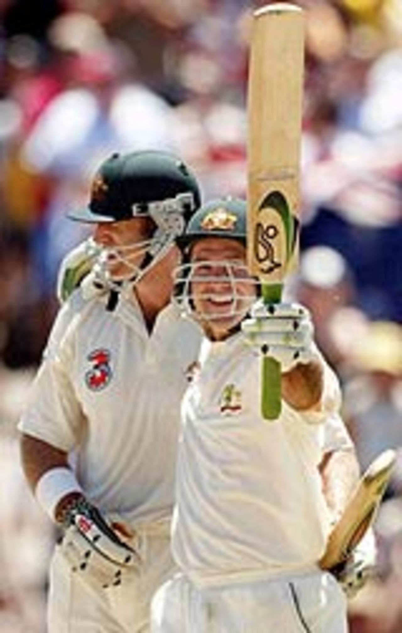 Matthew Hayden and Ricky Ponting celebrate after scoring the winning runs in the Boxing Day Test, Australia v India, 3rd Test, Melbourne, 5th day, December 30, 2003