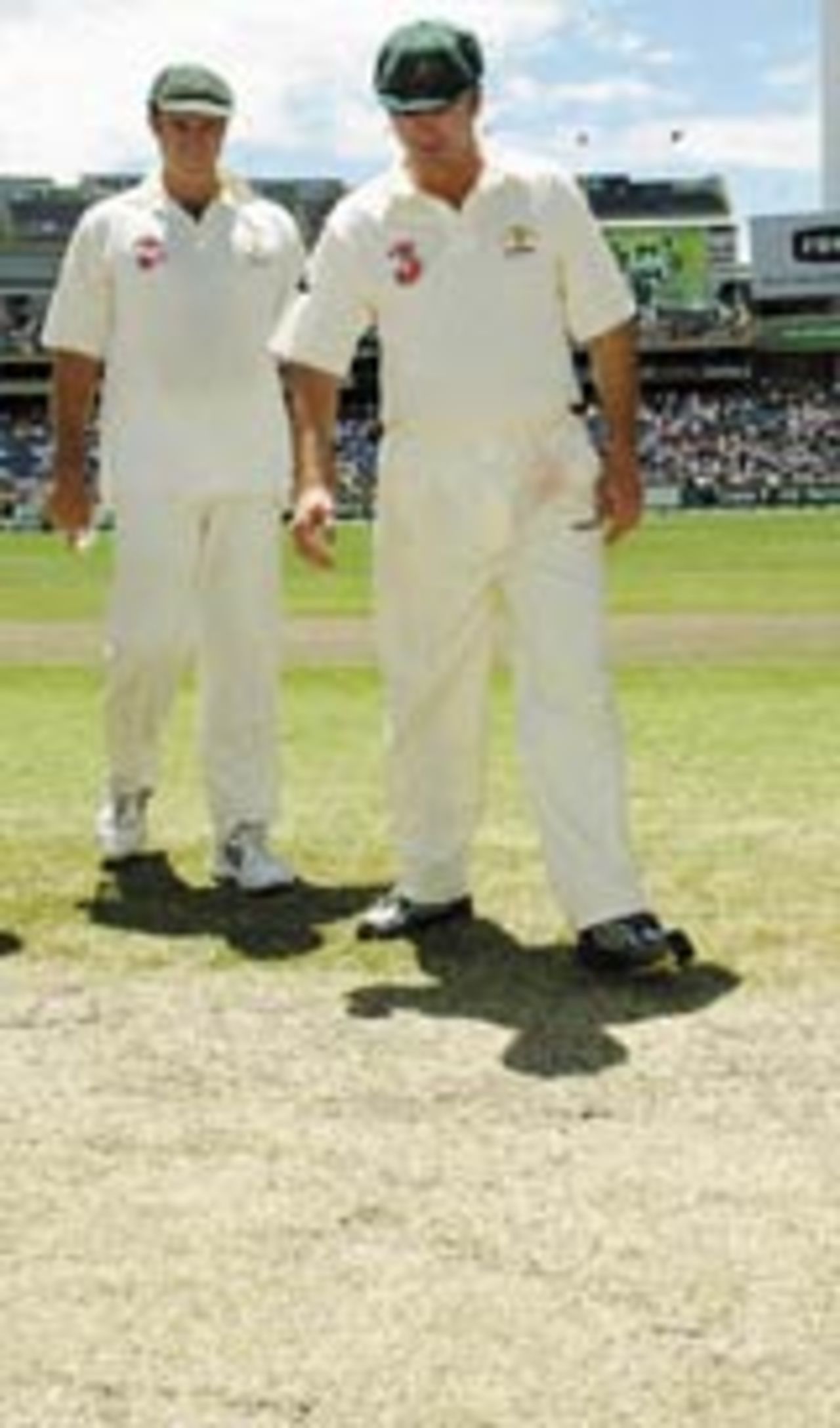 Steve Waugh and Mathew Hayden inspect the pitch at the MCG, Australia v India, 3rd Test, Melbourne, 5th day