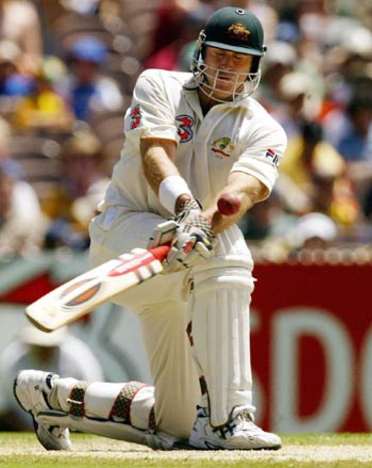 Matthew Hayden swats the ball away with his eyes closed, Australia v India, 3rd Test, Melbourne, 5th day, December 30, 2003