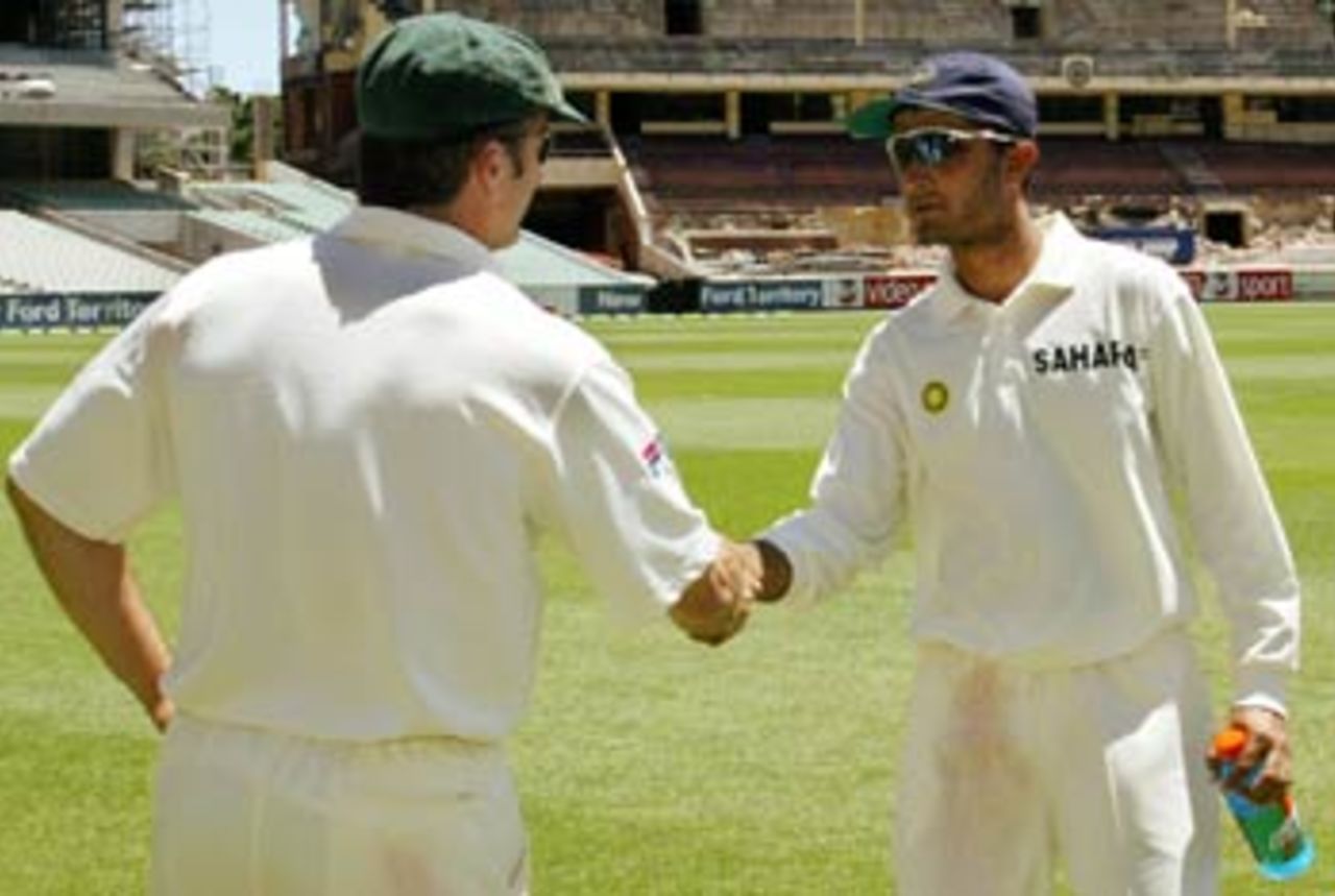 Sourav Ganguly is happy to congratulate Steve Waugh on a big win, Australia v India, 3rd Test, Melbourne, 5th day, December 30, 2003