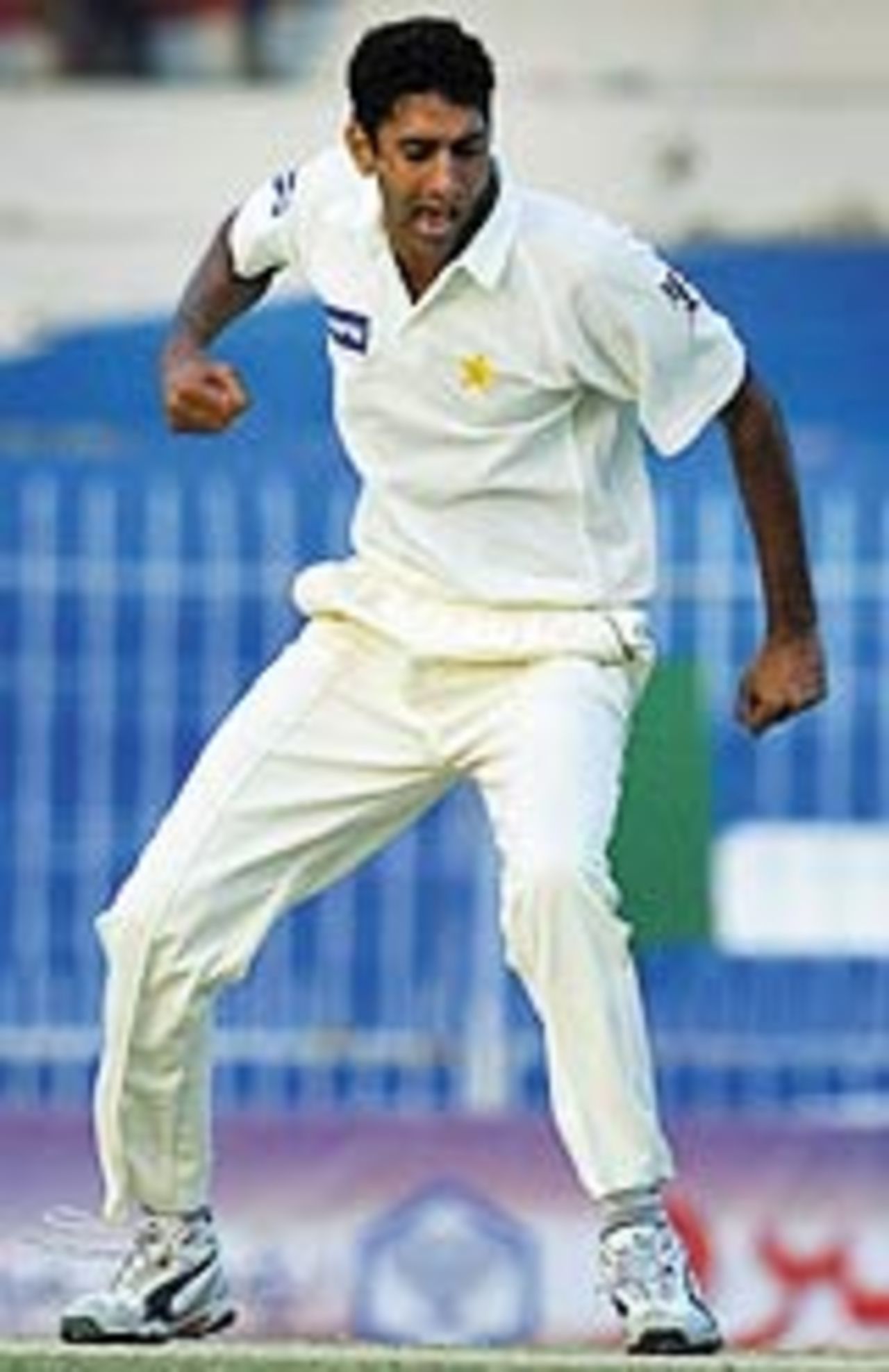 Shabbir Ahmed is jubilant after dismissing Graeme Smith, Pakistan v South Africa, 2nd Test, Faisalabad, 3rd day, 26th October, 2003
