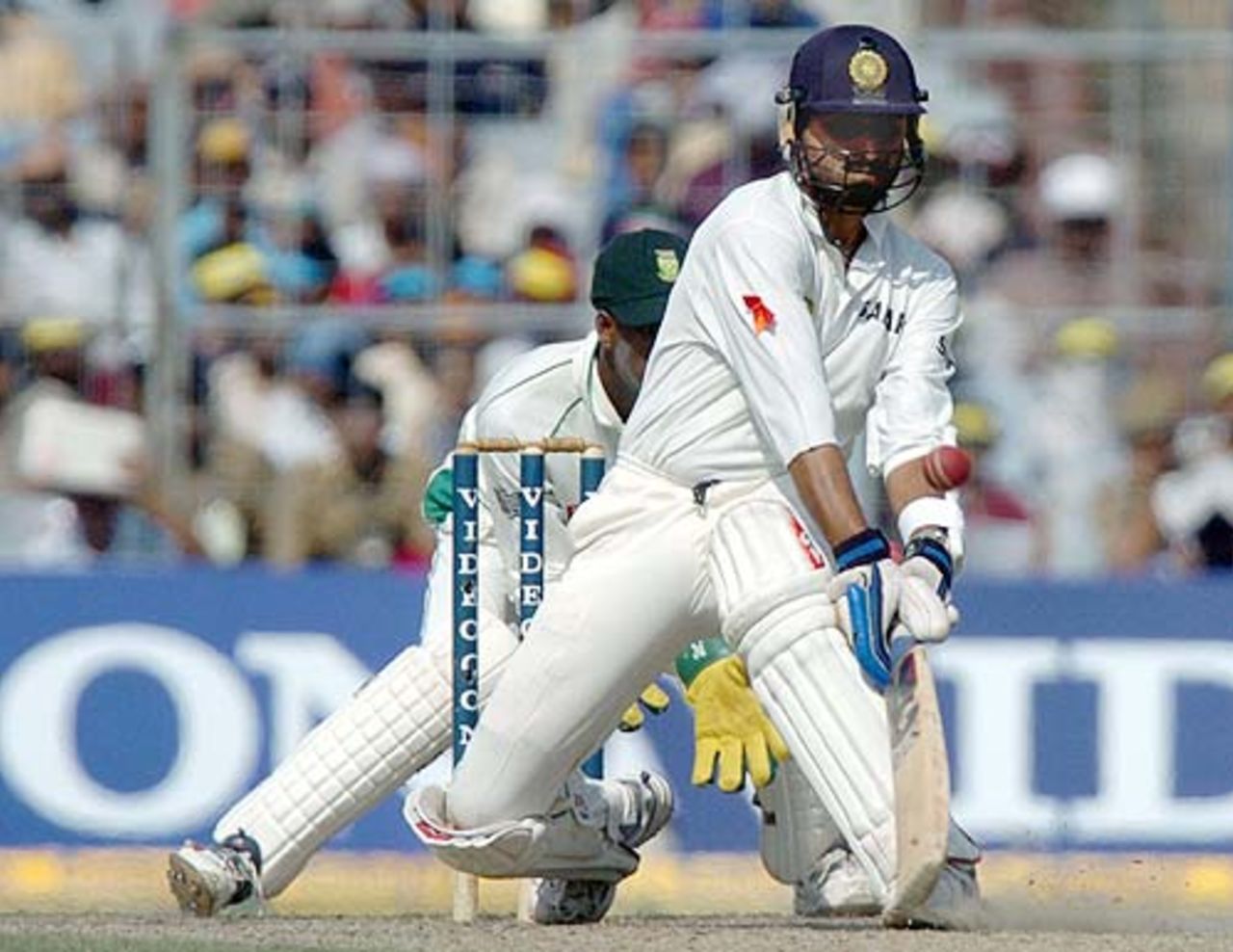 Harbhajan Singh attempts a reverse-sweep, which finally lead to his downfall, India v South Africa, 2nd Test, Eden Gardens, December 1, 2004