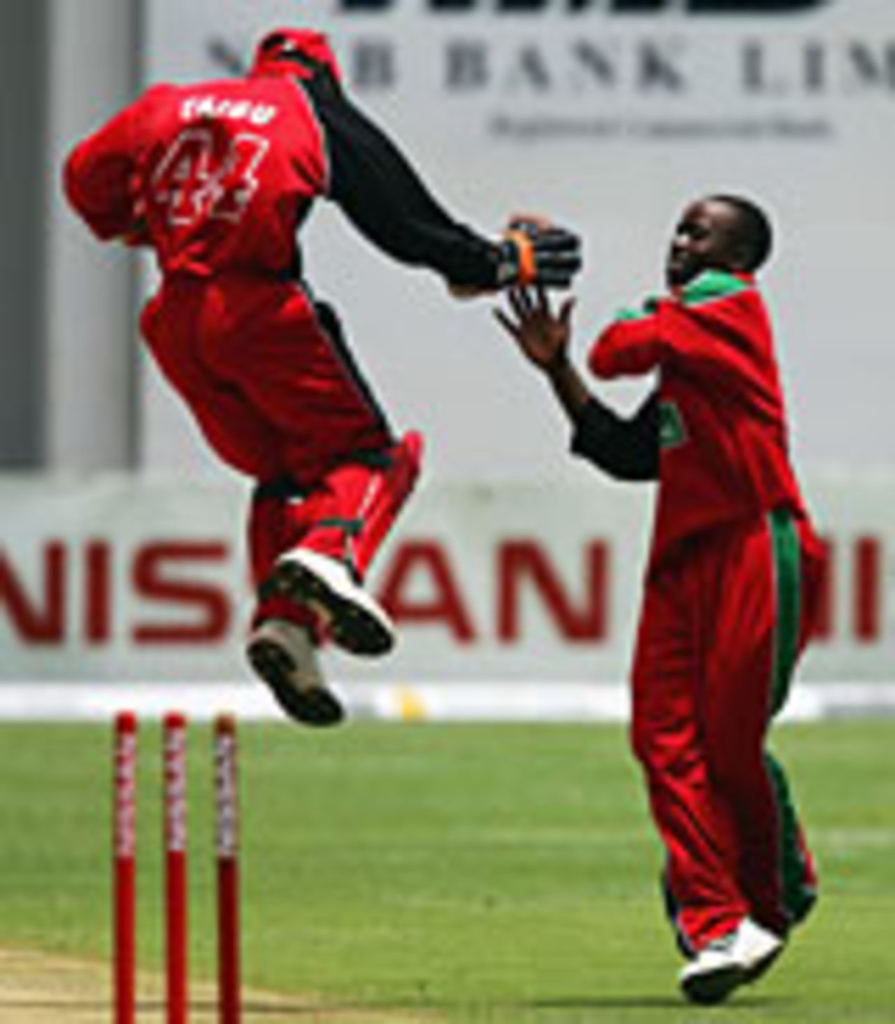 Tatenda Taibu and Prosper Utseya celebrate the dismissal of Vikram Solanki, 2nd ODI, Zimbabwe v England, Harare,  December 1 2004