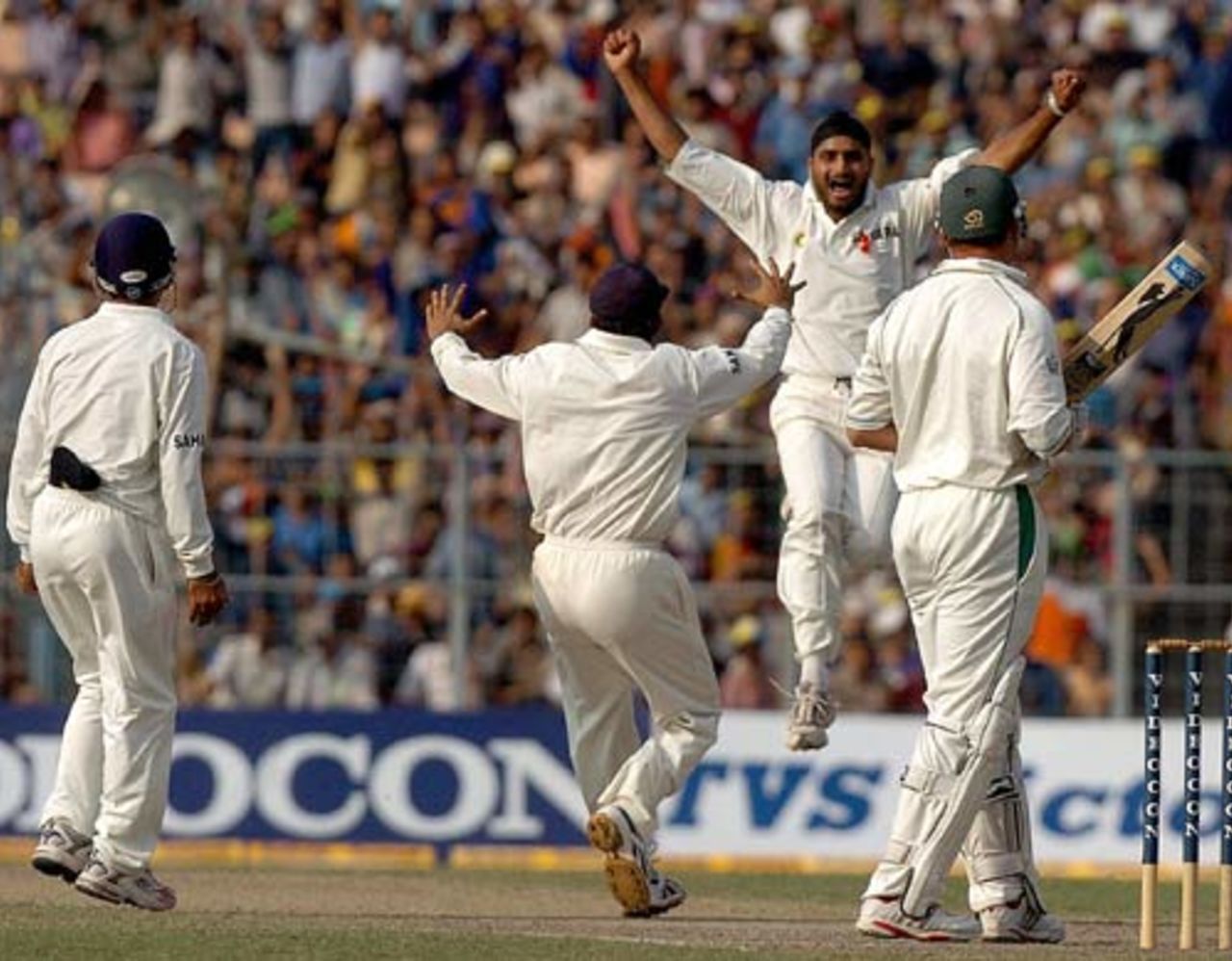 Harbhajan Singh and the Indian close-in fielders celebrate, convinced that Jacques Kallis is out. Daryl Harper, however, turned down the appeal, India v South Africa, 2nd Test, Eden Gardens, December 1, 2004