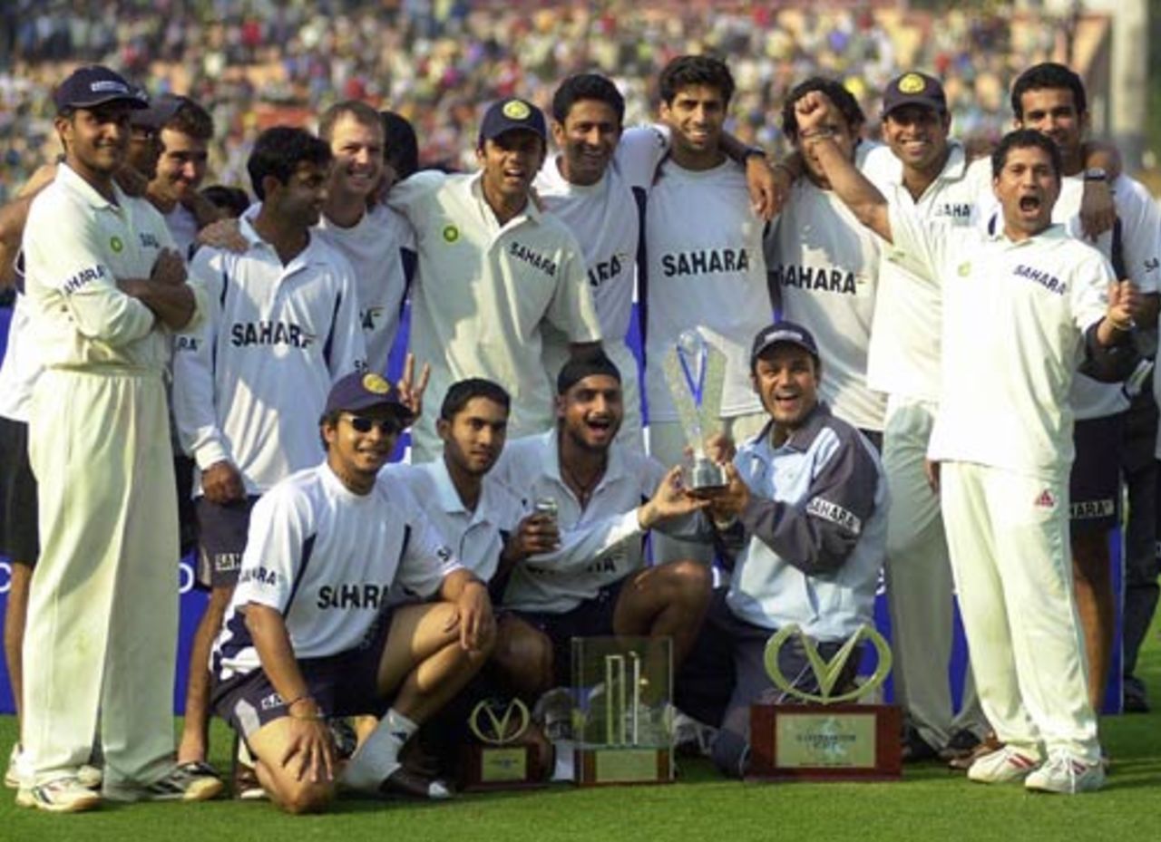 Sachin Tendulkar leads the celebrations after India won their first series of the season, India v South Africa, fifth day, second Test, Kolkata, December 2 2004